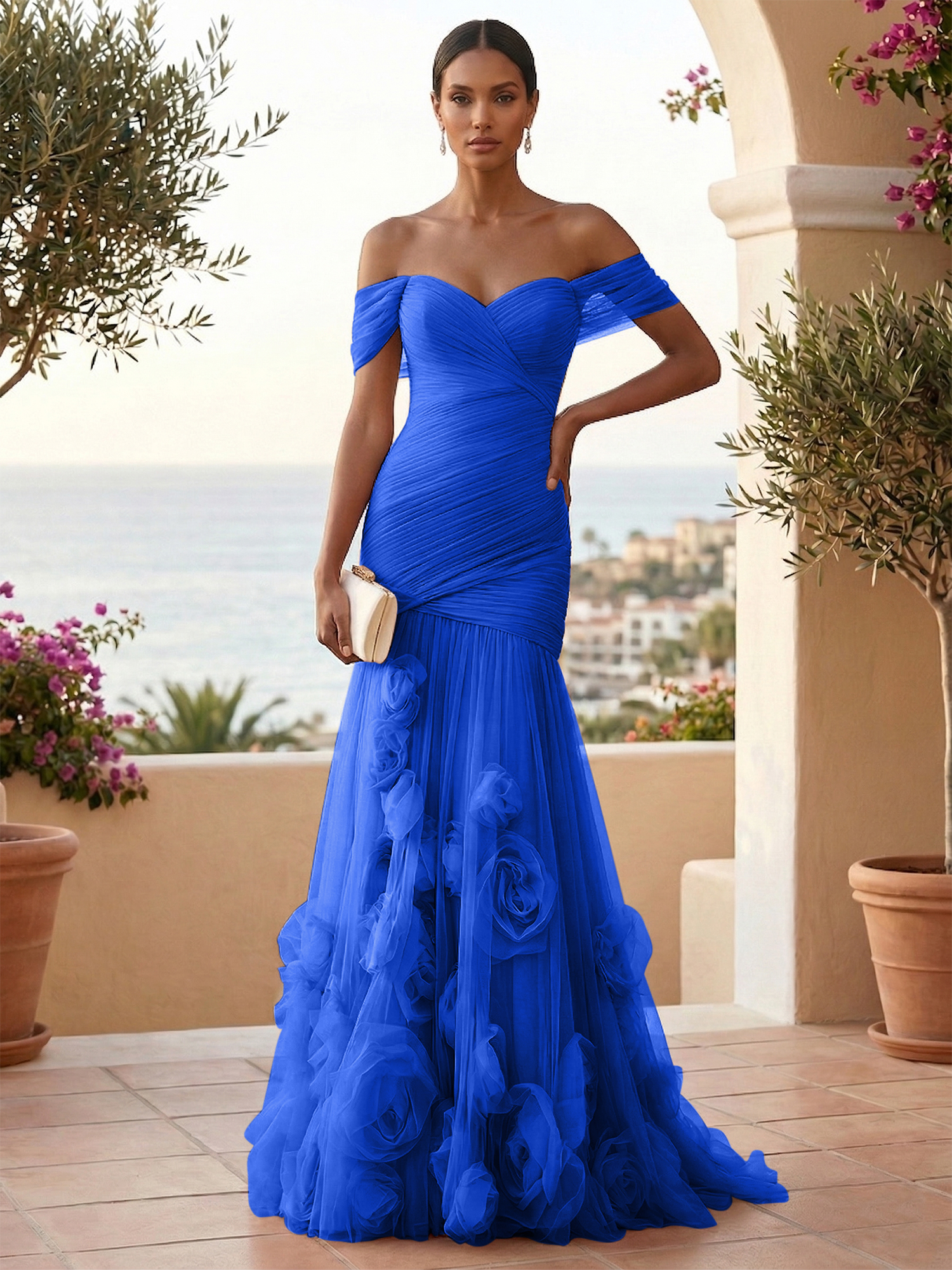 Sweetheart Tulle Off the Shoulder Pleat Mermaid Evening Dresses with 3D Flower