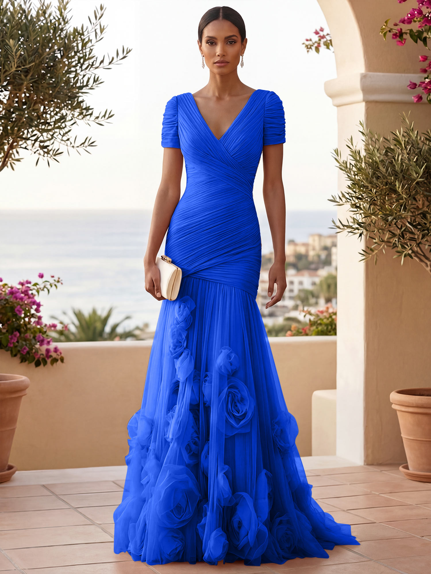 Sweetheart Tulle Short Sleeves Pleat Mermaid Evening Dresses with 3D Flower