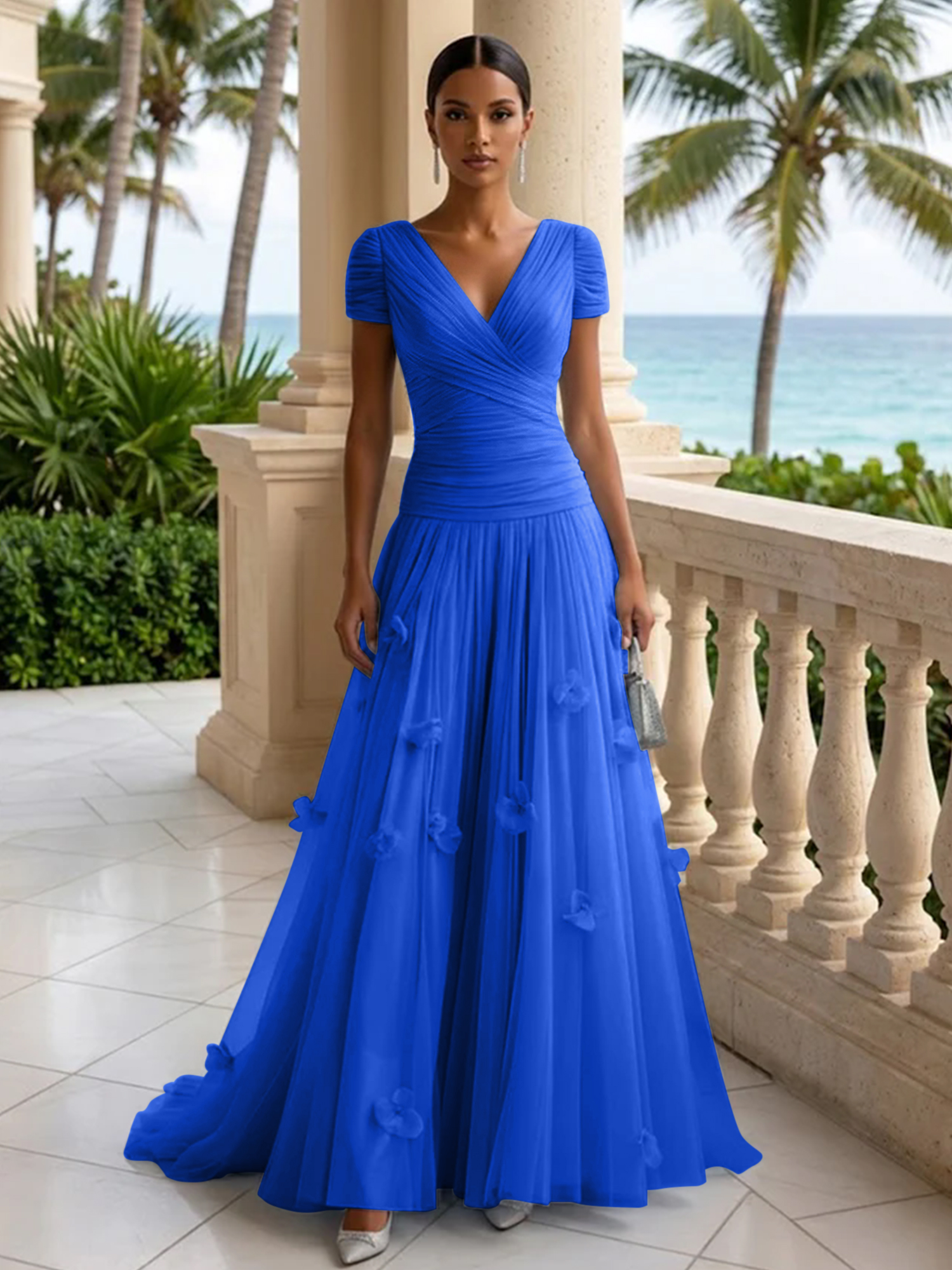 Elegant V-Neck Ruched Tulle A-Line Evening Gown with 3D Floral Appliqués