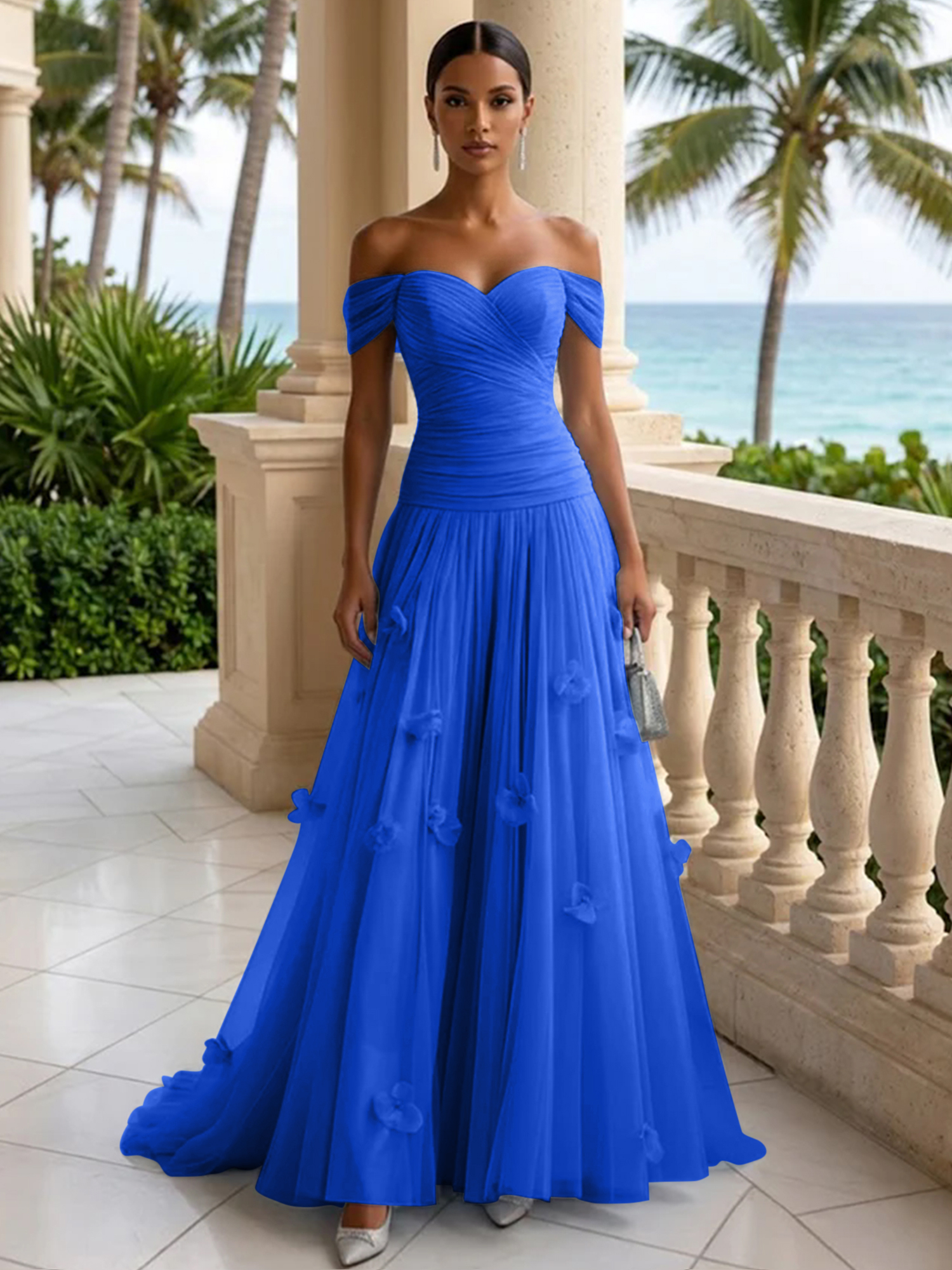 Elegant Off-the-Shoulder Ruched Tulle A-Line Evening Gown with 3D Floral Appliqués