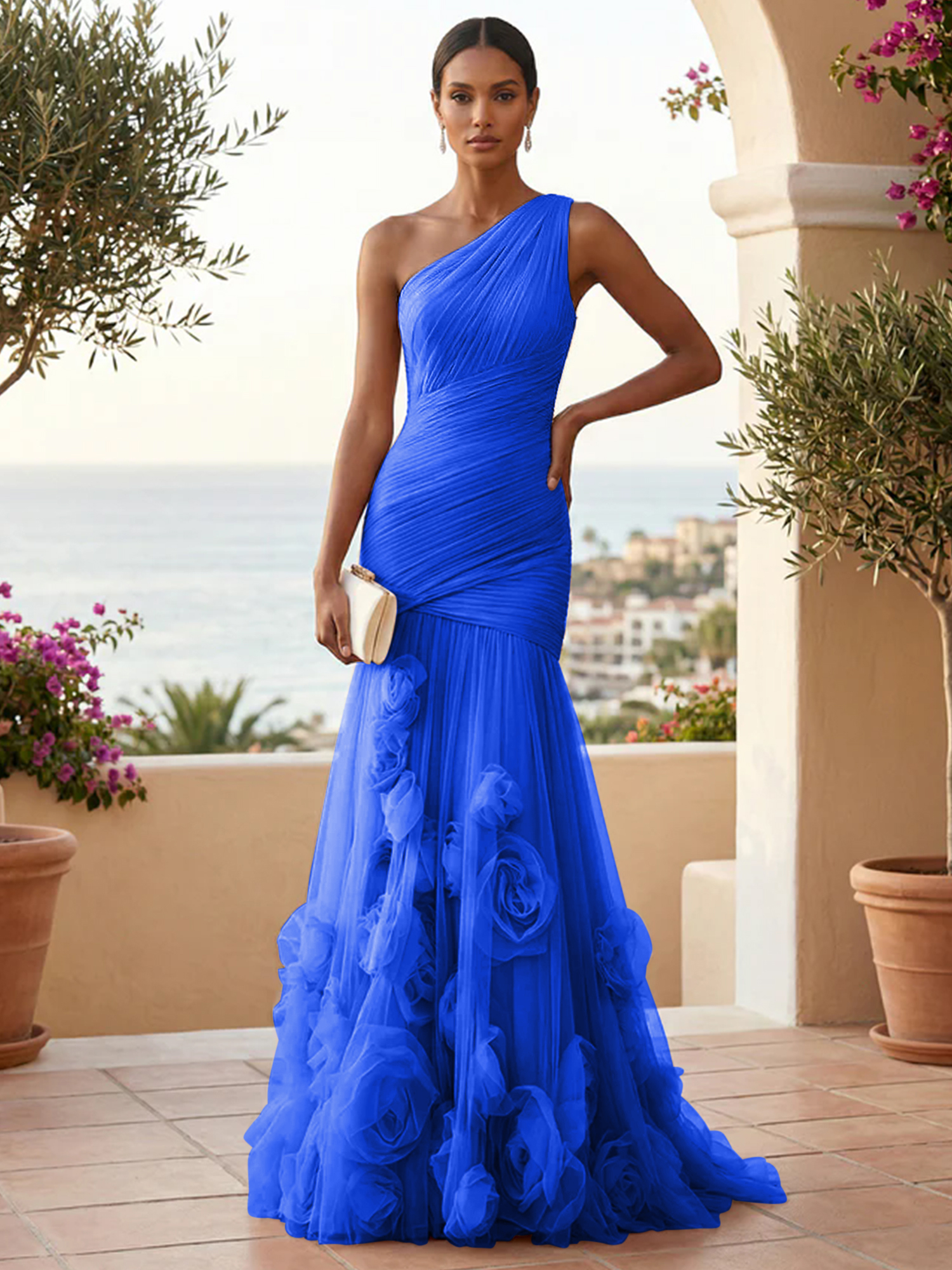 Sweetheart Tulle Pleat One Shoulder Mermaid Evening Dresses Gown with 3D Flower