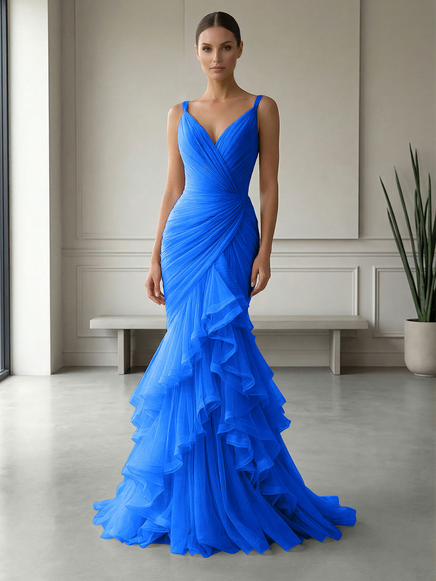 Mauve Folds Tulle Strapless Sleeveless Mermaid Gown Dress