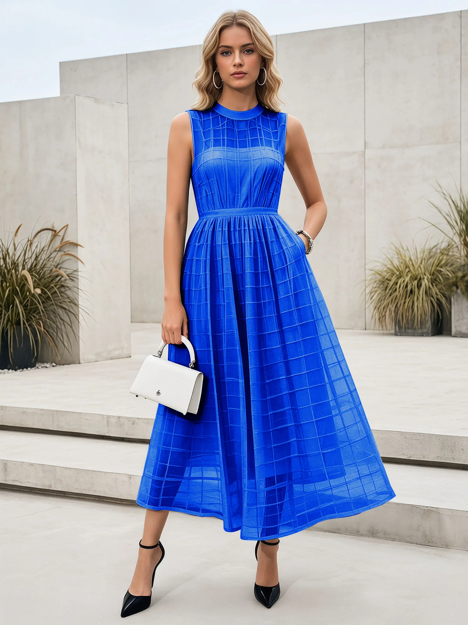Sleeveless Grid Mesh A-Line Midi Evening Dress