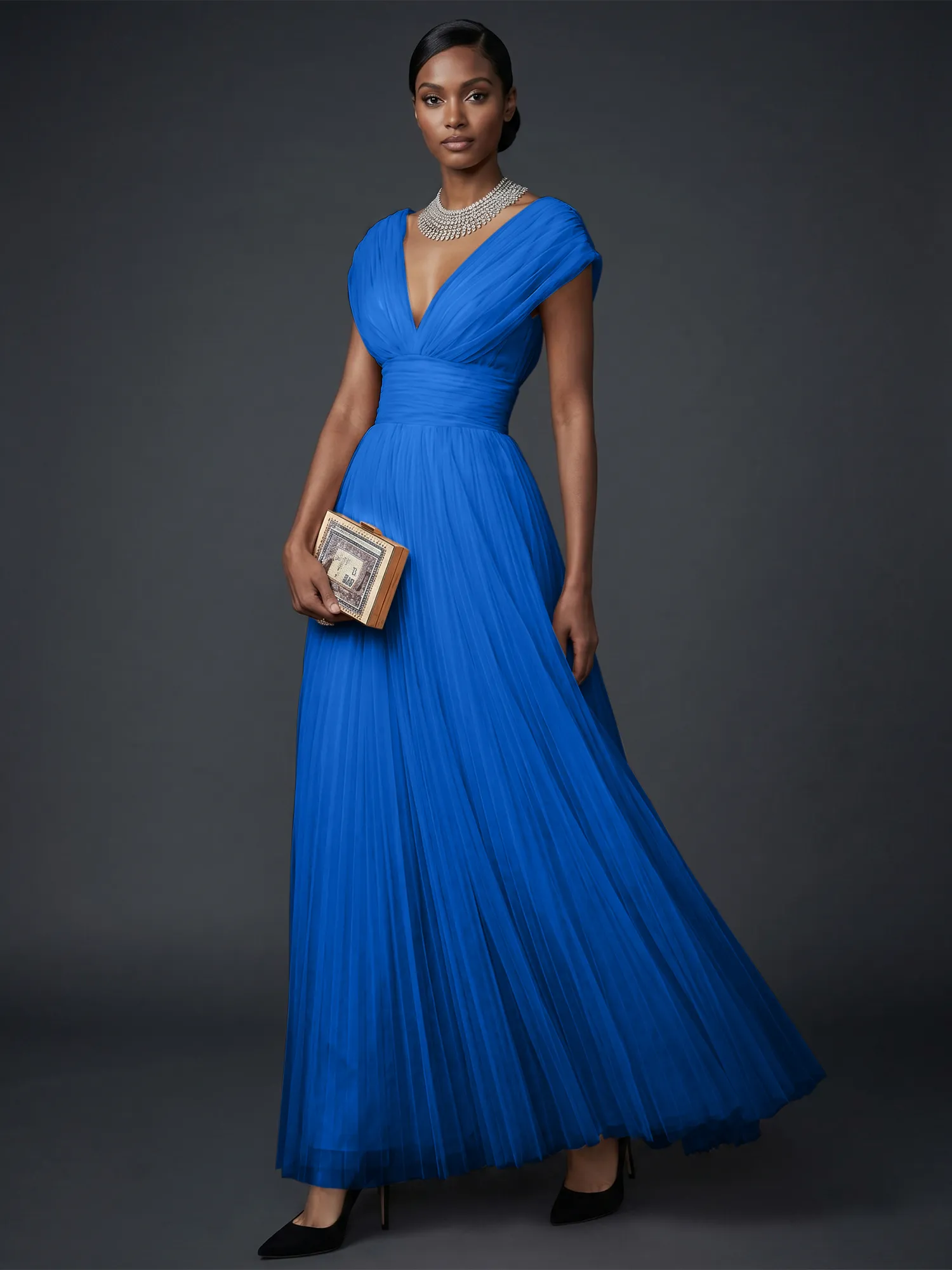 Draped V-Neck Pleated Tulle Evening Gown Maxi Dress