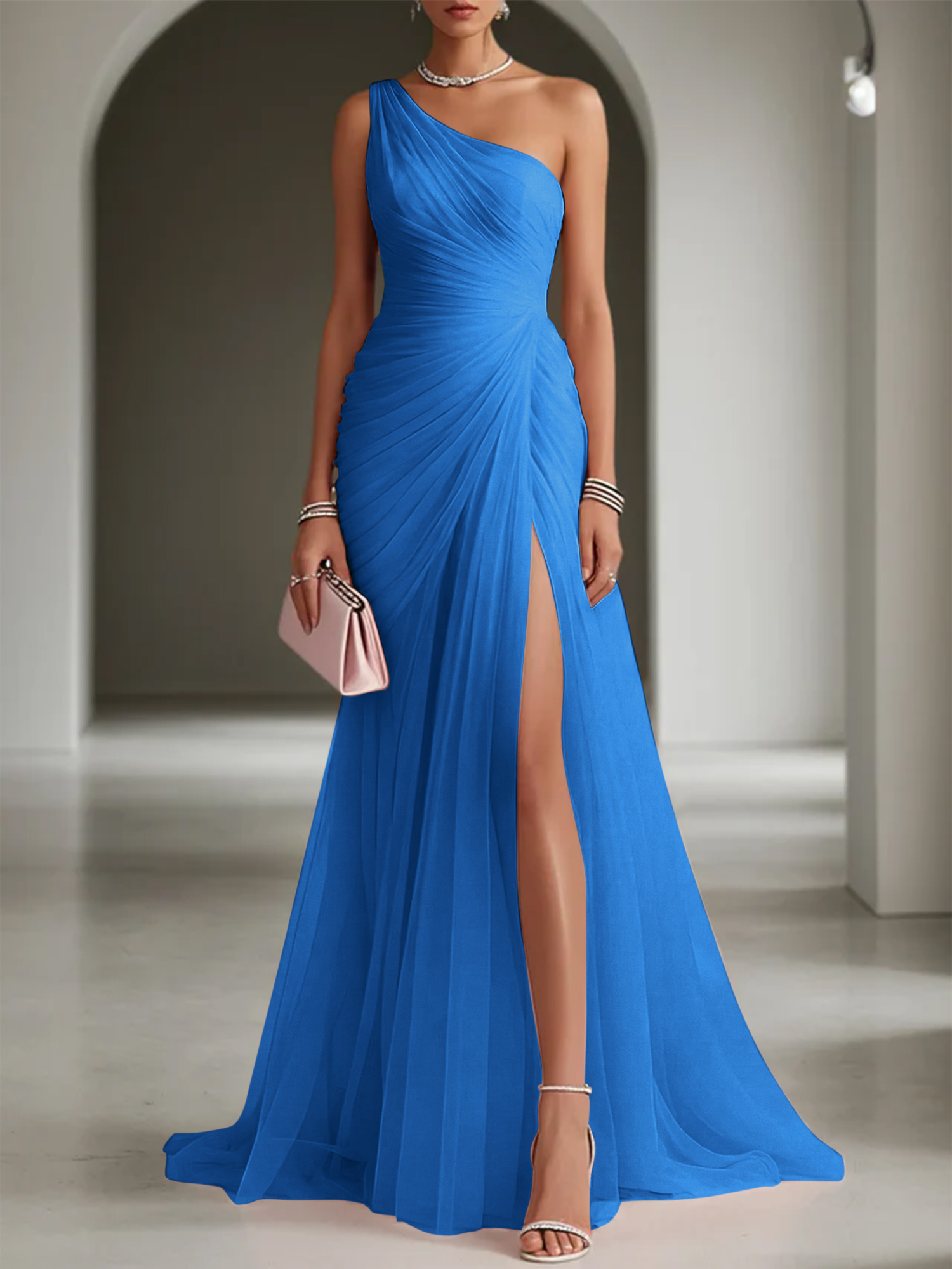 Pink Ruched Slit Tulle Strapless One Shoulder Sheath Gown Dress