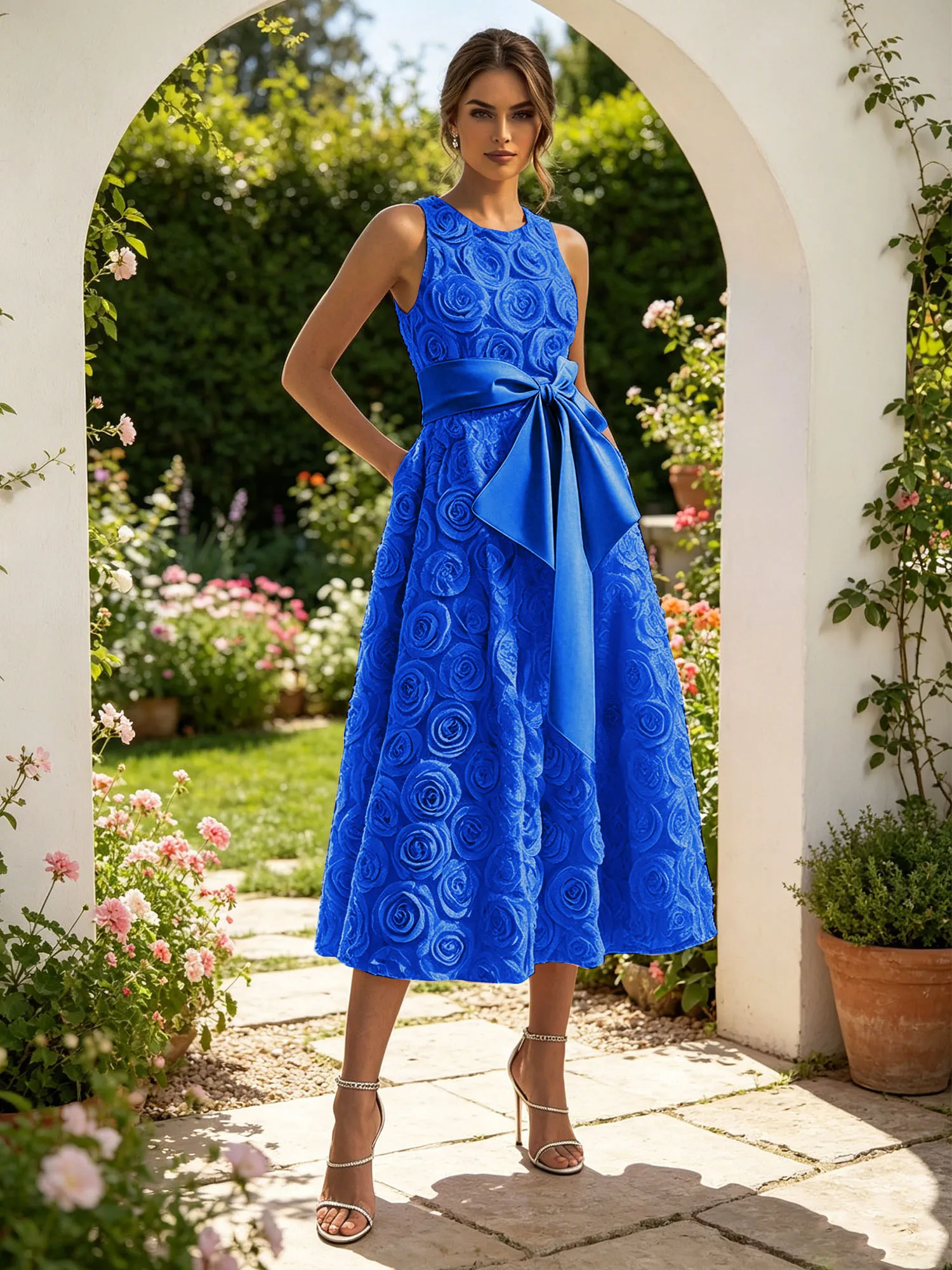 Sleeveless 3D Rose Midi Evening Dress with Satin Bow Sash