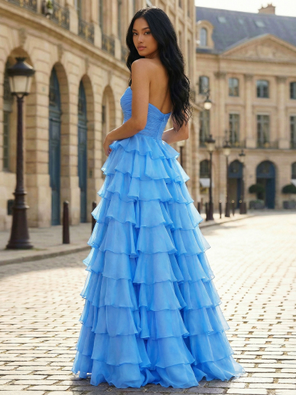 Sky Blue Strapless Tiered Ruffle Ballgown Gown A-line with Ruched Corset Bodice