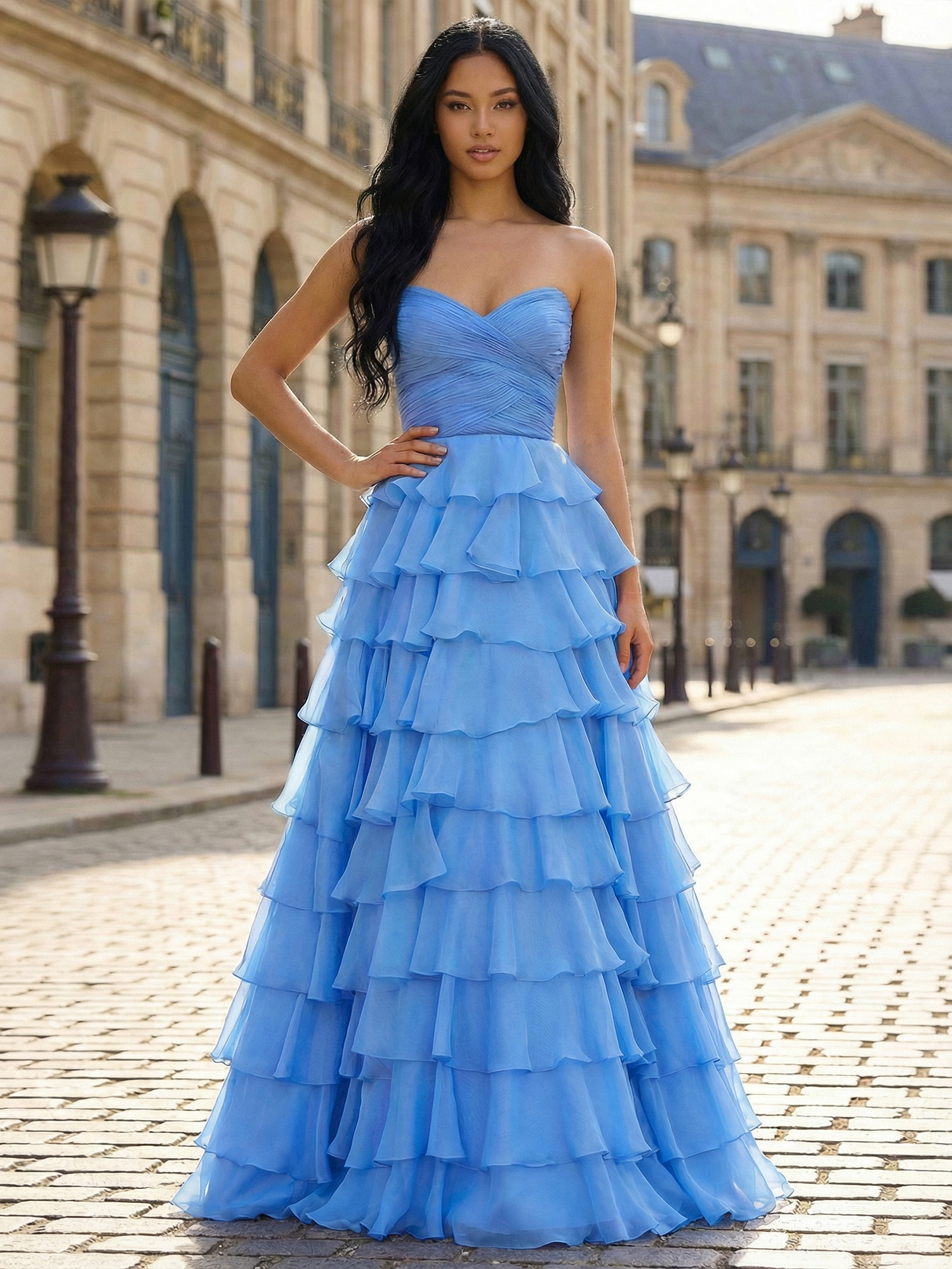 Sky Blue Strapless Tiered Ruffle Ballgown Gown A-line with Ruched Corset Bodice