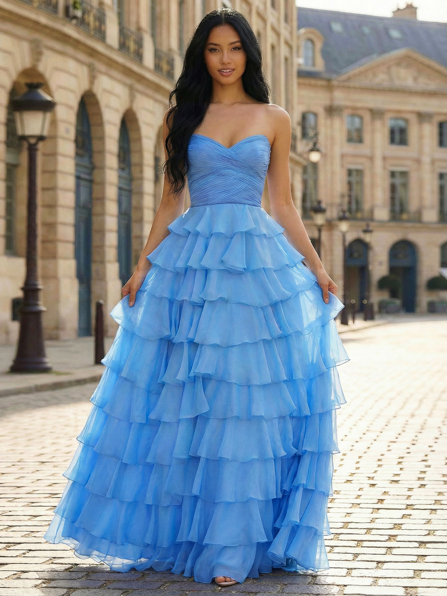 Pink A-line Tiered Strapless Corset Prom Dress with Sequin Embellishments