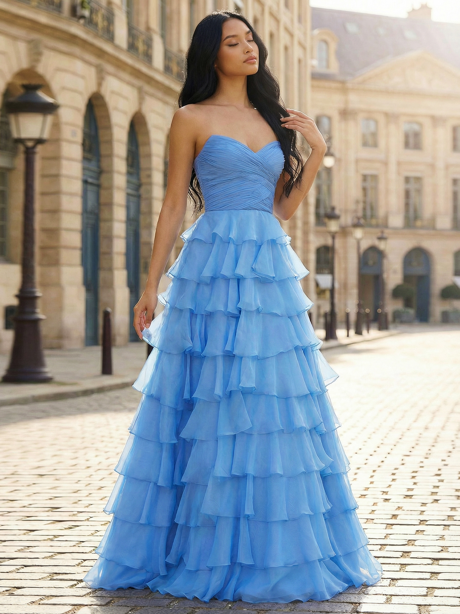 Sky Blue Strapless Tiered Ruffle Ballgown Gown A-line with Ruched Corset Bodice