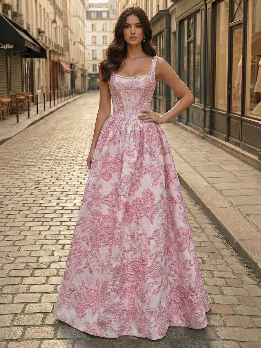 Enchanting Blush Rose Embroidered Corset Ballgown with Pearl-Trimmed Square Neckline