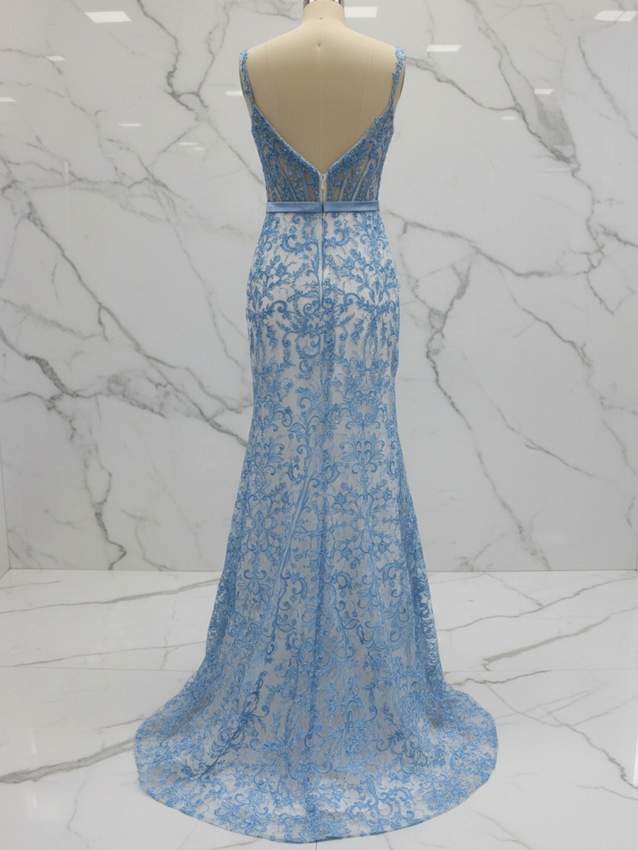 Elegant Blue Floral Lace Mermaid Long Prom Dress with Satin Bow