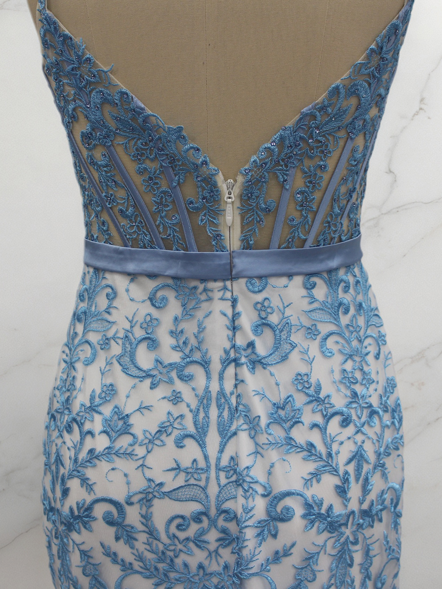 Elegant Blue Floral Lace Mermaid Long Prom Dress with Satin Bow