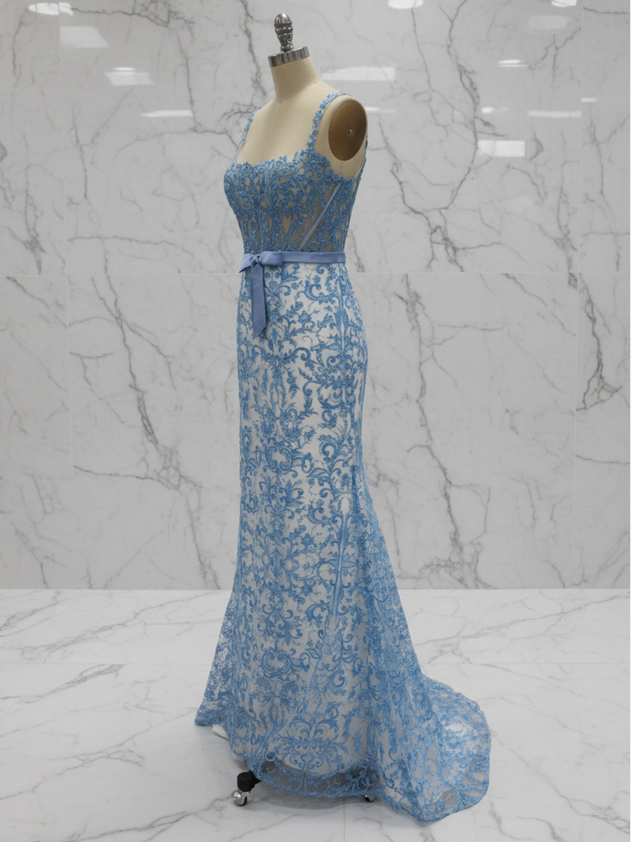 Elegant Blue Floral Lace Mermaid Long Prom Dress with Satin Bow