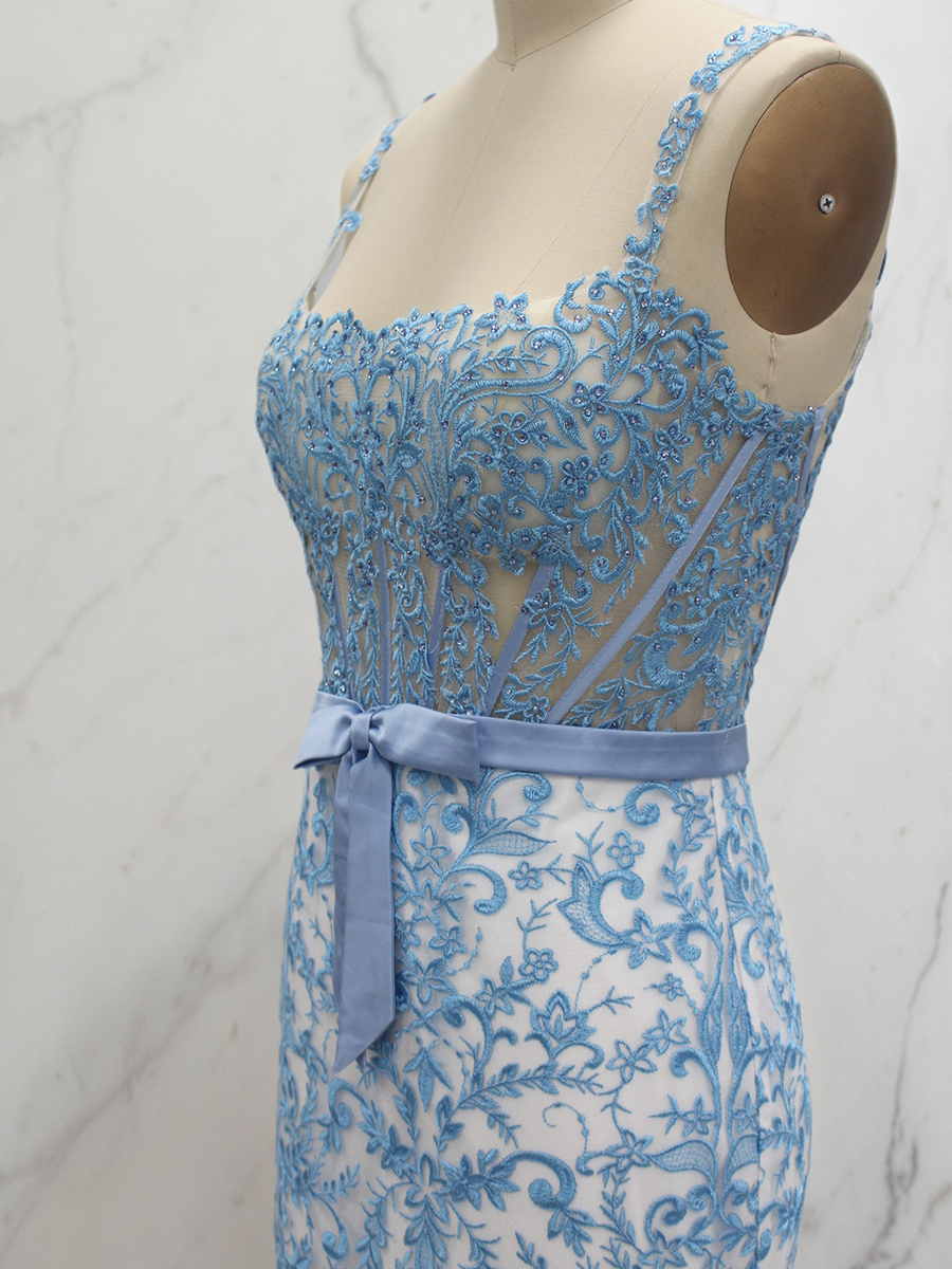 Elegant Blue Floral Lace Mermaid Long Prom Dress with Satin Bow