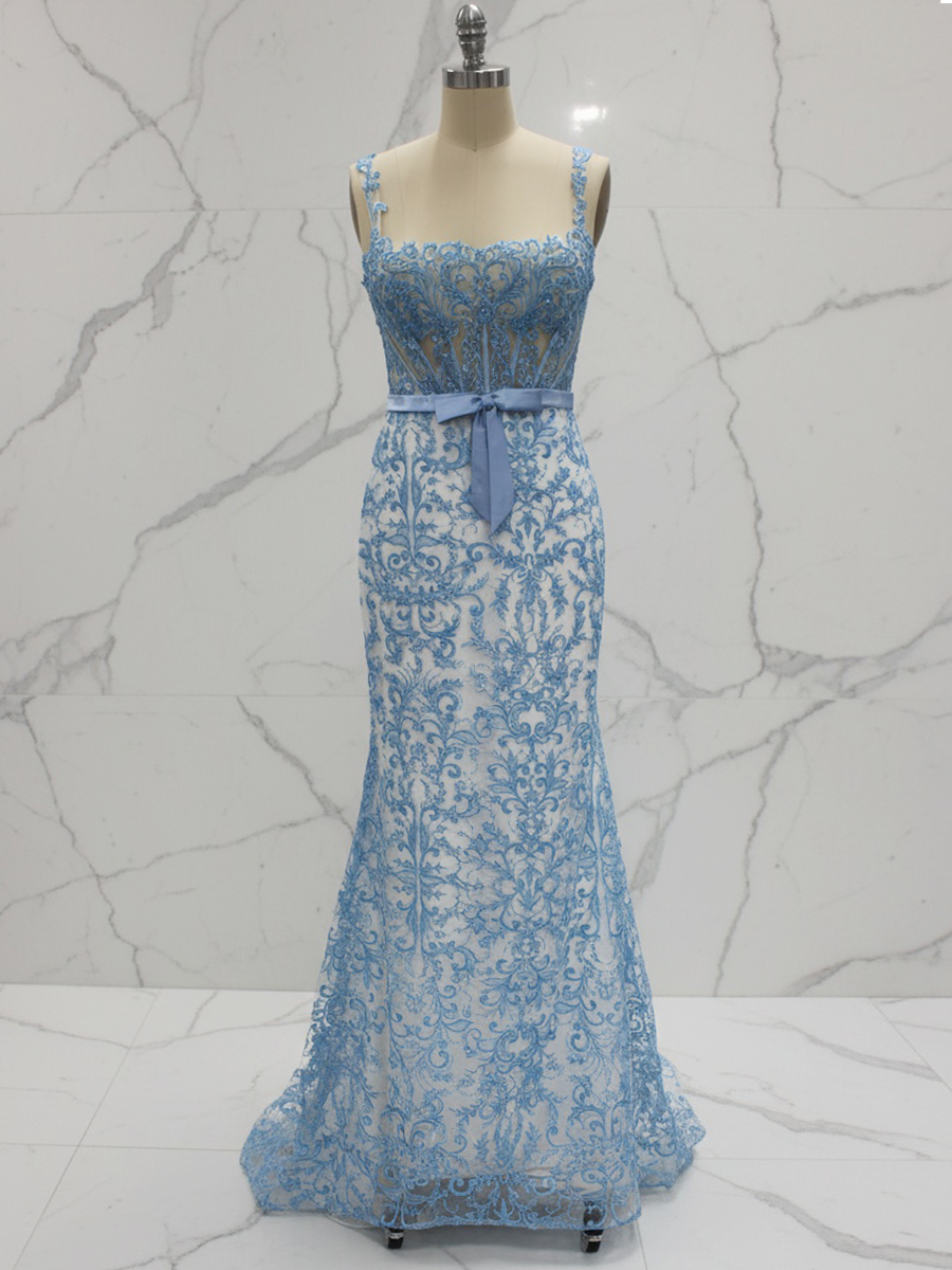 Elegant Blue Floral Lace Mermaid Long Prom Dress with Satin Bow