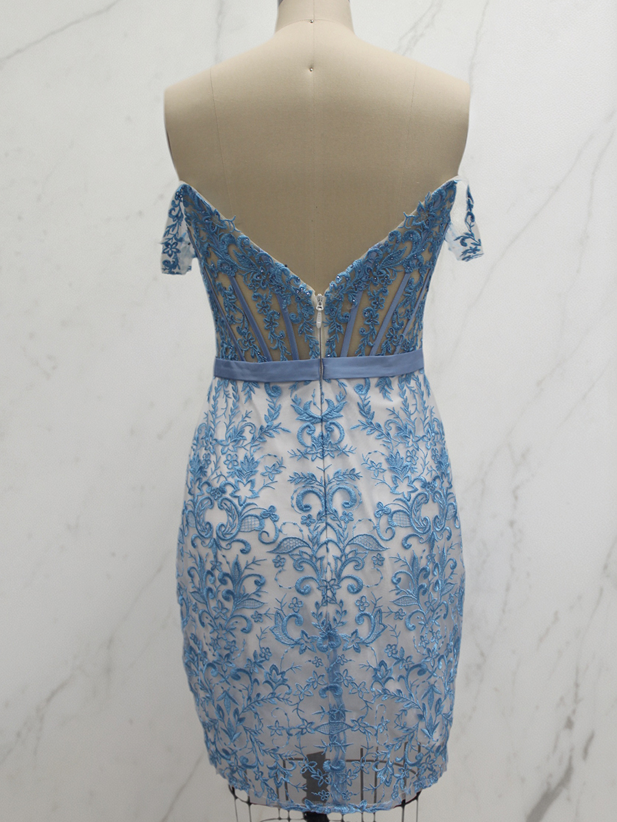 Blue Floral Lace Corset Short Homecoming Dress with Satin Bow