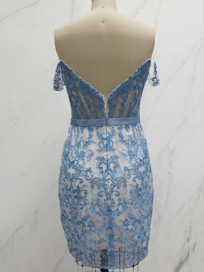 Blue Floral Lace Corset Short Homecoming Dress with Satin Bow