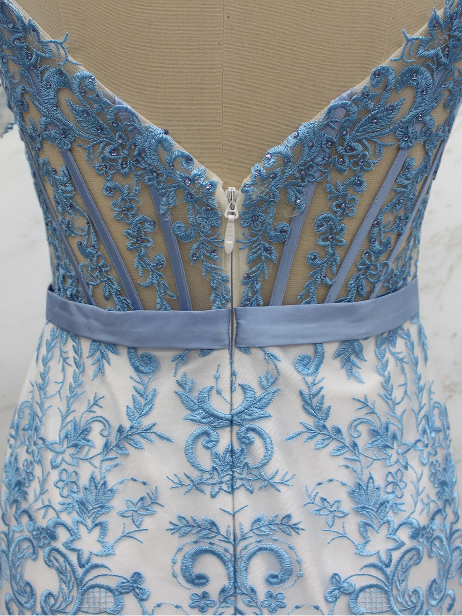 Blue Floral Lace Corset Short Homecoming Dress with Satin Bow