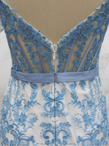 Blue Floral Lace Corset Short Homecoming Dress with Satin Bow