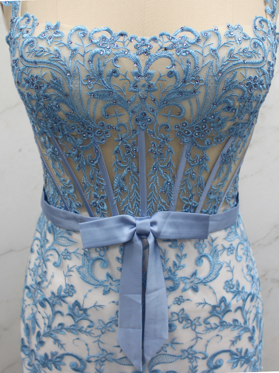 Elegant Blue Floral Lace Mermaid Long Prom Dress with Satin Bow