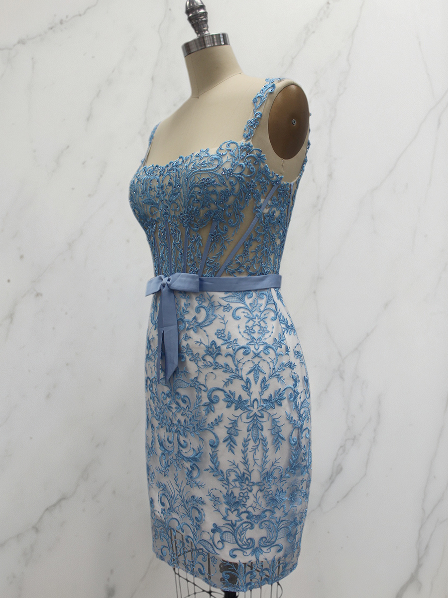 Blue Floral Lace Corset Short Homecoming Dress with Satin Bow