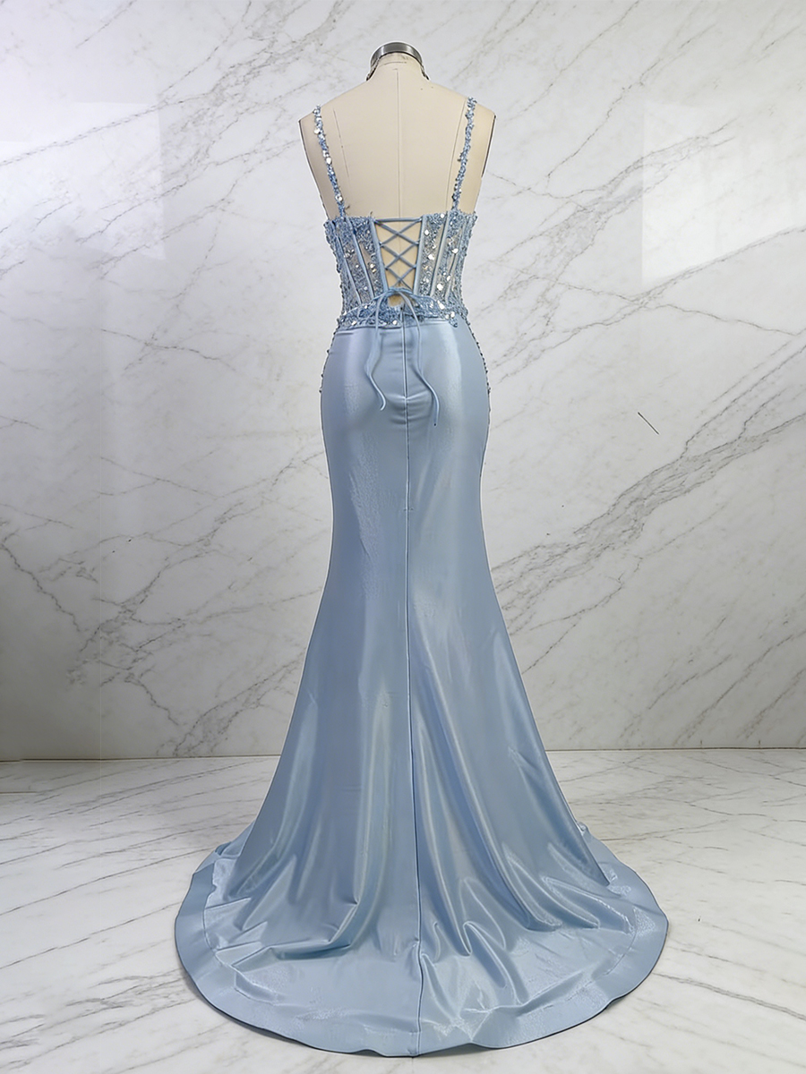 Blue Sequin Spaghetti Straps Lace Corset Satin Prom Dress with Slit