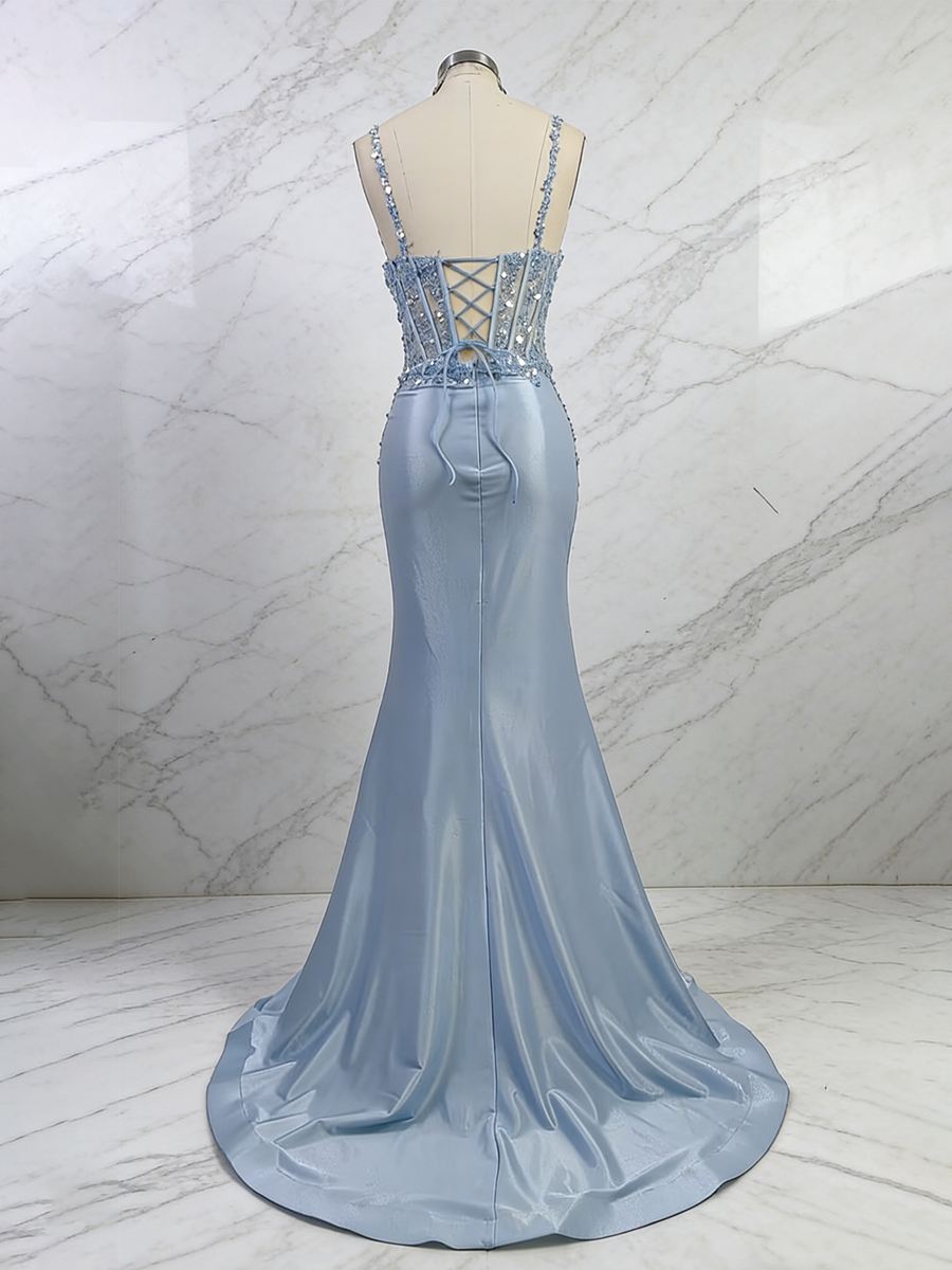 Blue Sequin Spaghetti Straps Lace Corset Satin Prom Dress with Slit