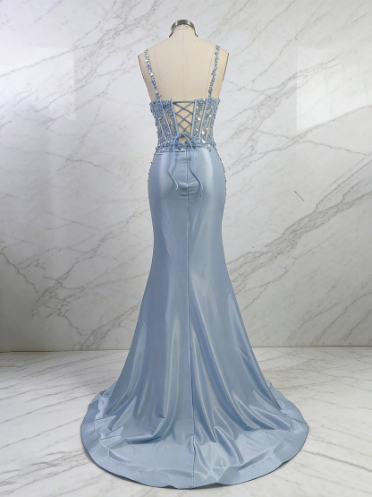 Blue Sequin Spaghetti Straps Lace Corset Satin Prom Dress with Slit