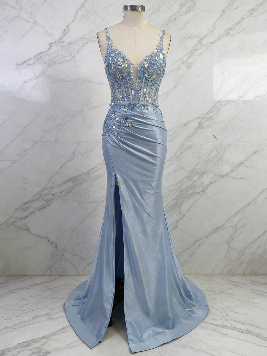 Blue Sequin Spaghetti Straps Lace Corset Satin Prom Dress with Slit