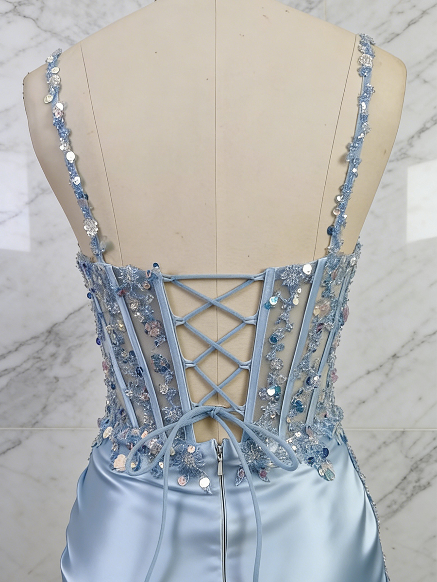 Blue Sequin Spaghetti Straps Lace Corset Satin Prom Dress with Slit