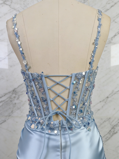 Blue Sequin Spaghetti Straps Lace Corset Satin Prom Dress with Slit