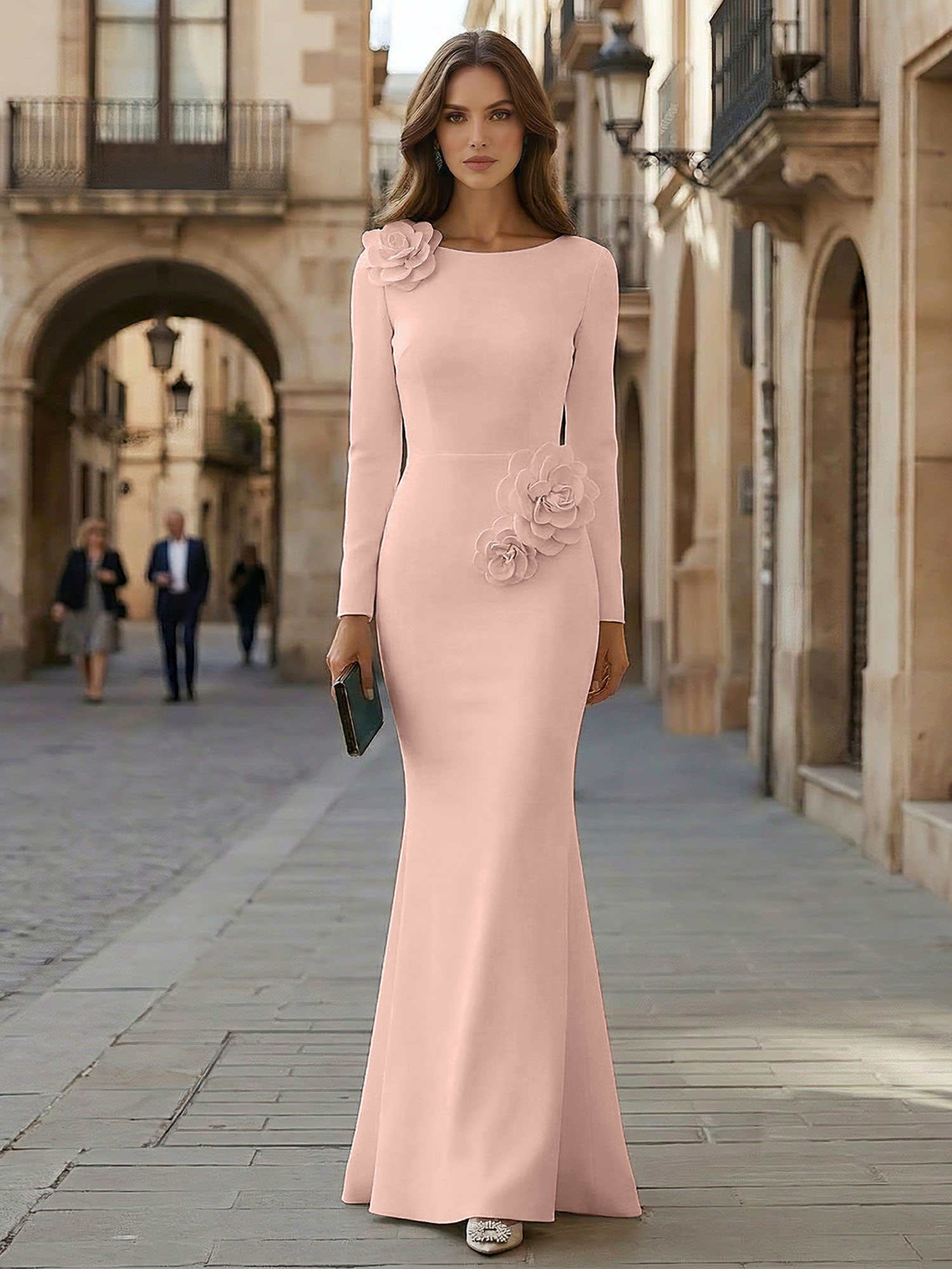 Elegant Pure White Formal Evening Dress Long-Sleeve 3D Floral Crepe Maxi Dress Gown