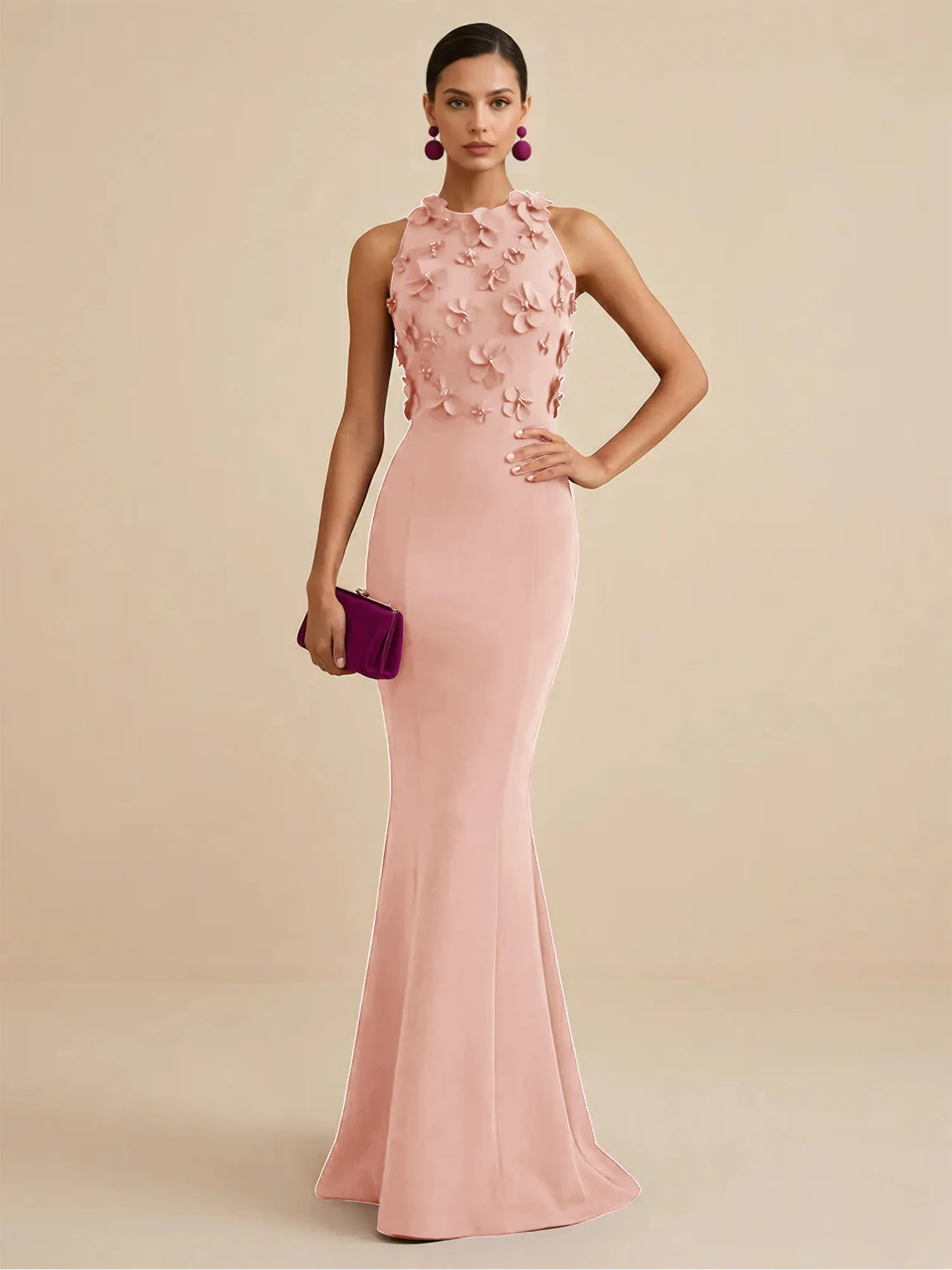 Scoop Neck 3D Floral Appliqué Crepe Mermaid Evening Gown