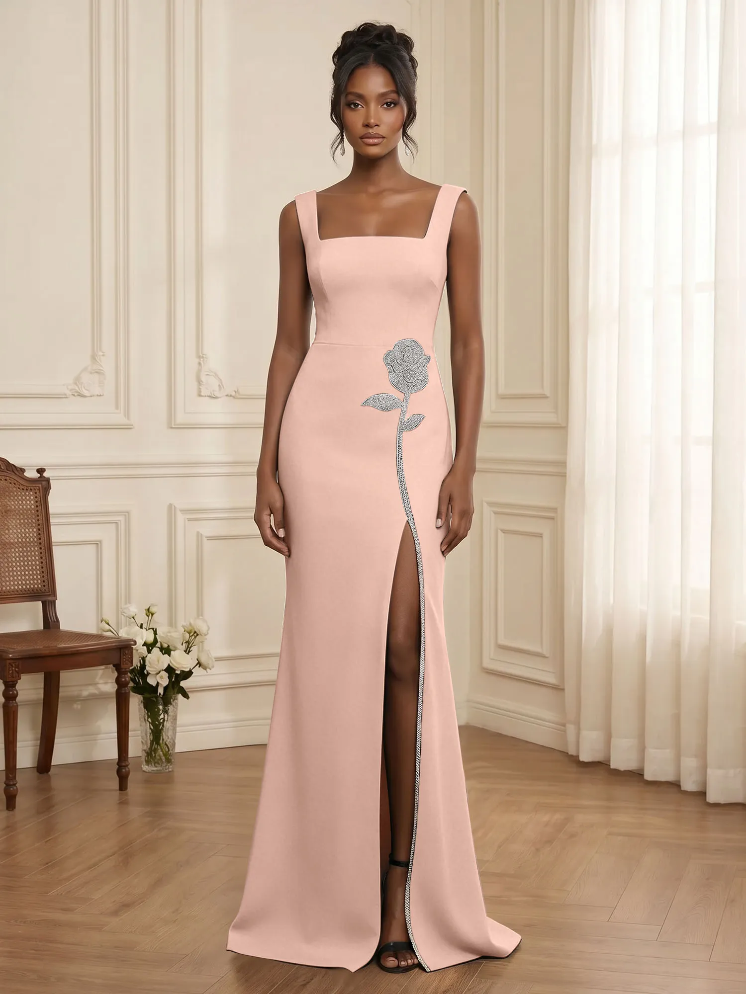Square Neck Crystal Rose Appliqué Crepe Mermaid Evening Gown