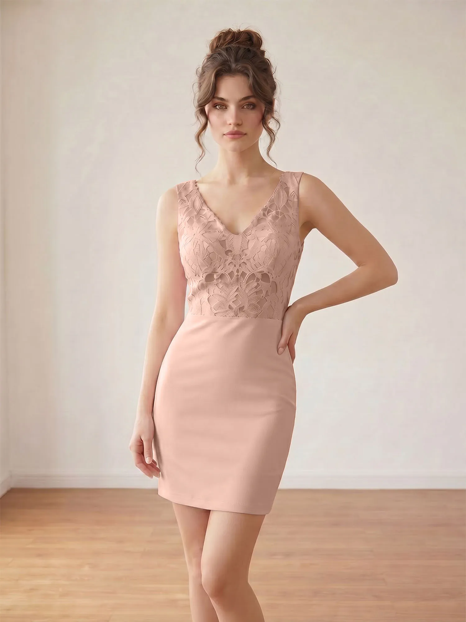 Blush Pink V-Neck Lace & Crepe Homecoming Bodycon Mini Dress
