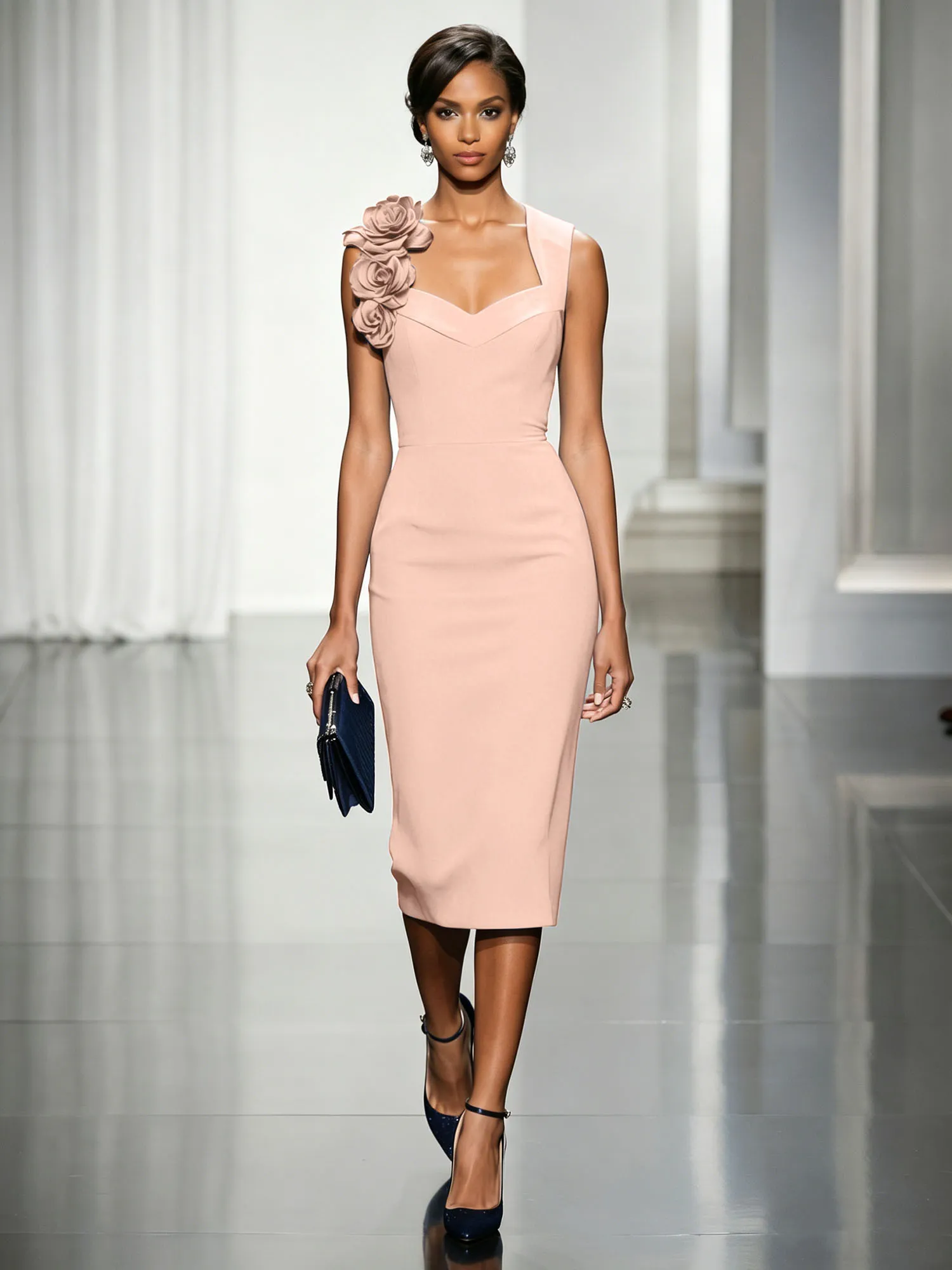 Asymmetric Neckline Crepe Midi Dress with 3D Floral Appliqué