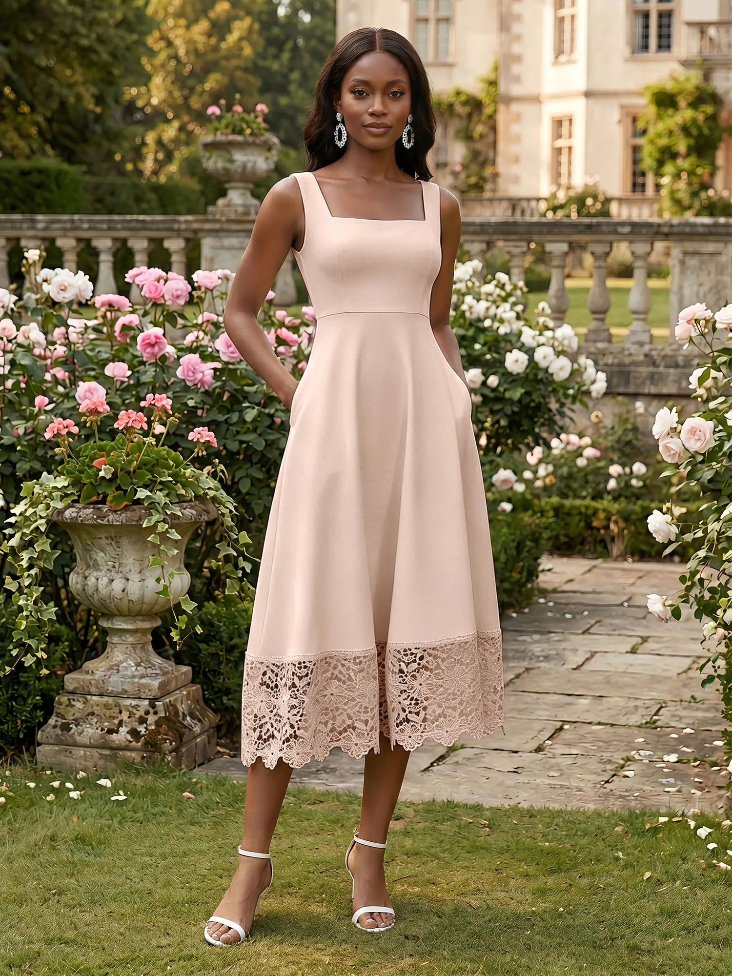 Square Neck Crepe Midi Evening Dress with Lace Hem