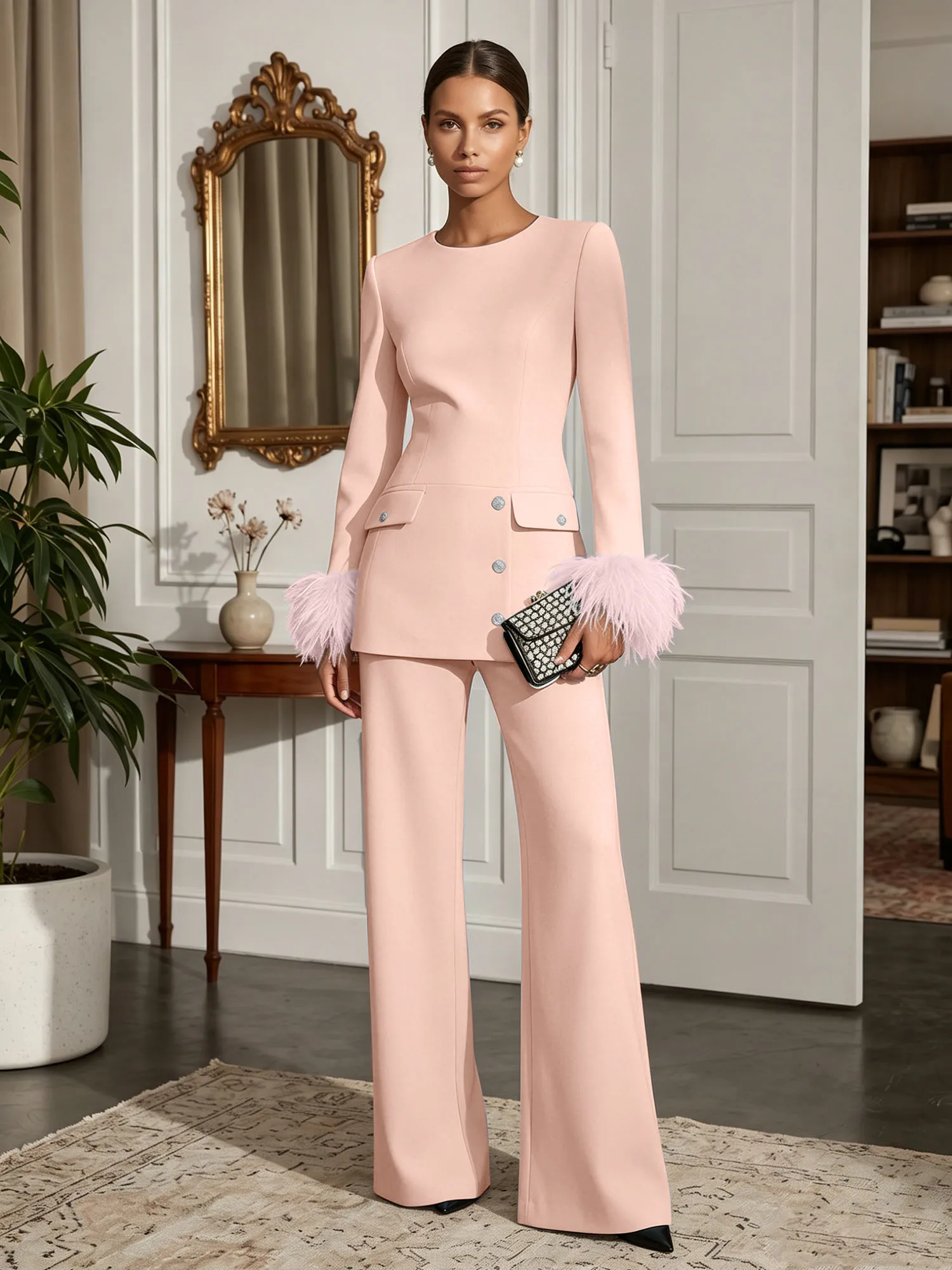 Scoop Neck Feather Cuff Tailored Evening Pant Suit
