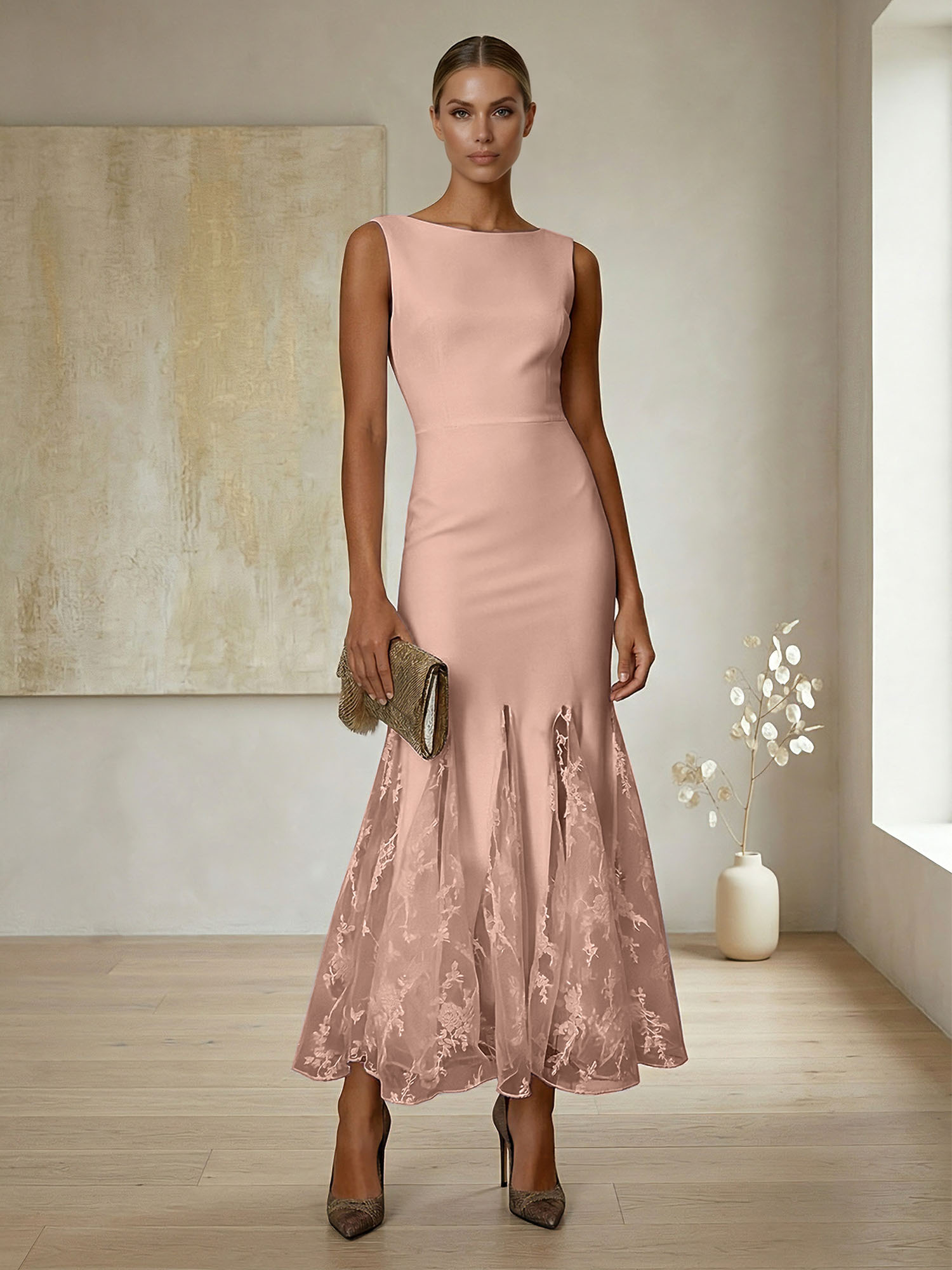 Elegant Formal Evening Gown Lilac Sleeveless Midi Dress with Embroidered Lace Godets