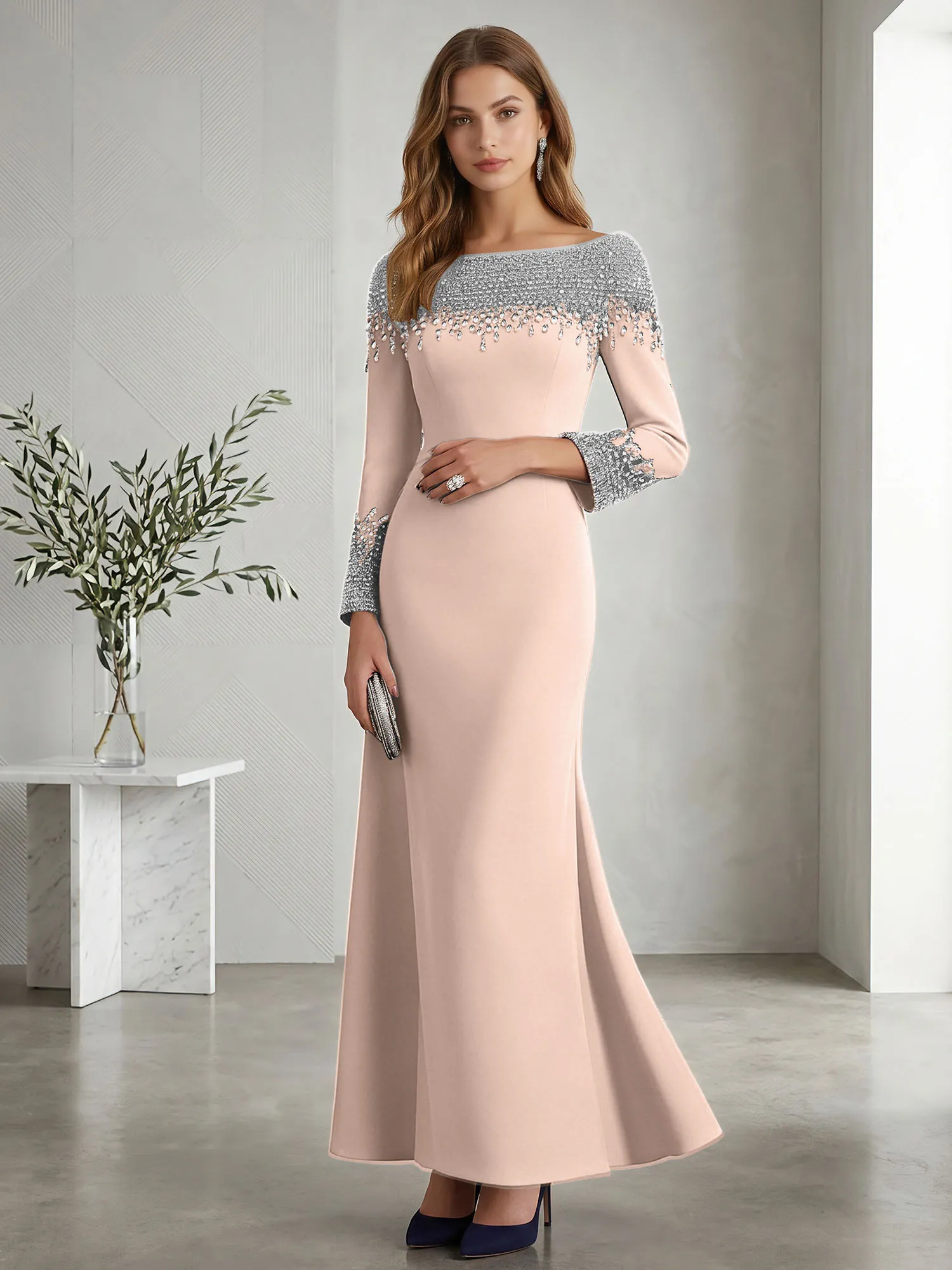 Beaded Off-the-Shoulder Long Sleeve Mermaid Evening Gown