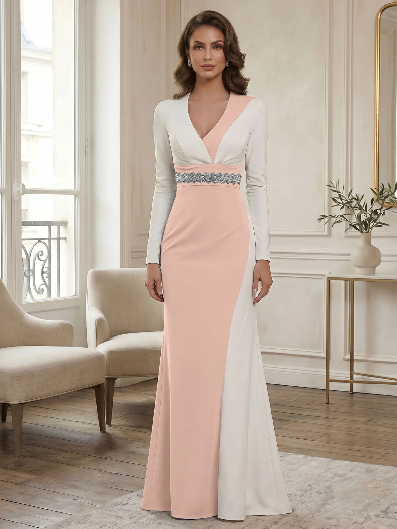 Two-Tone Long Sleeve Mermaid Evening Gown with Beaded Waistband