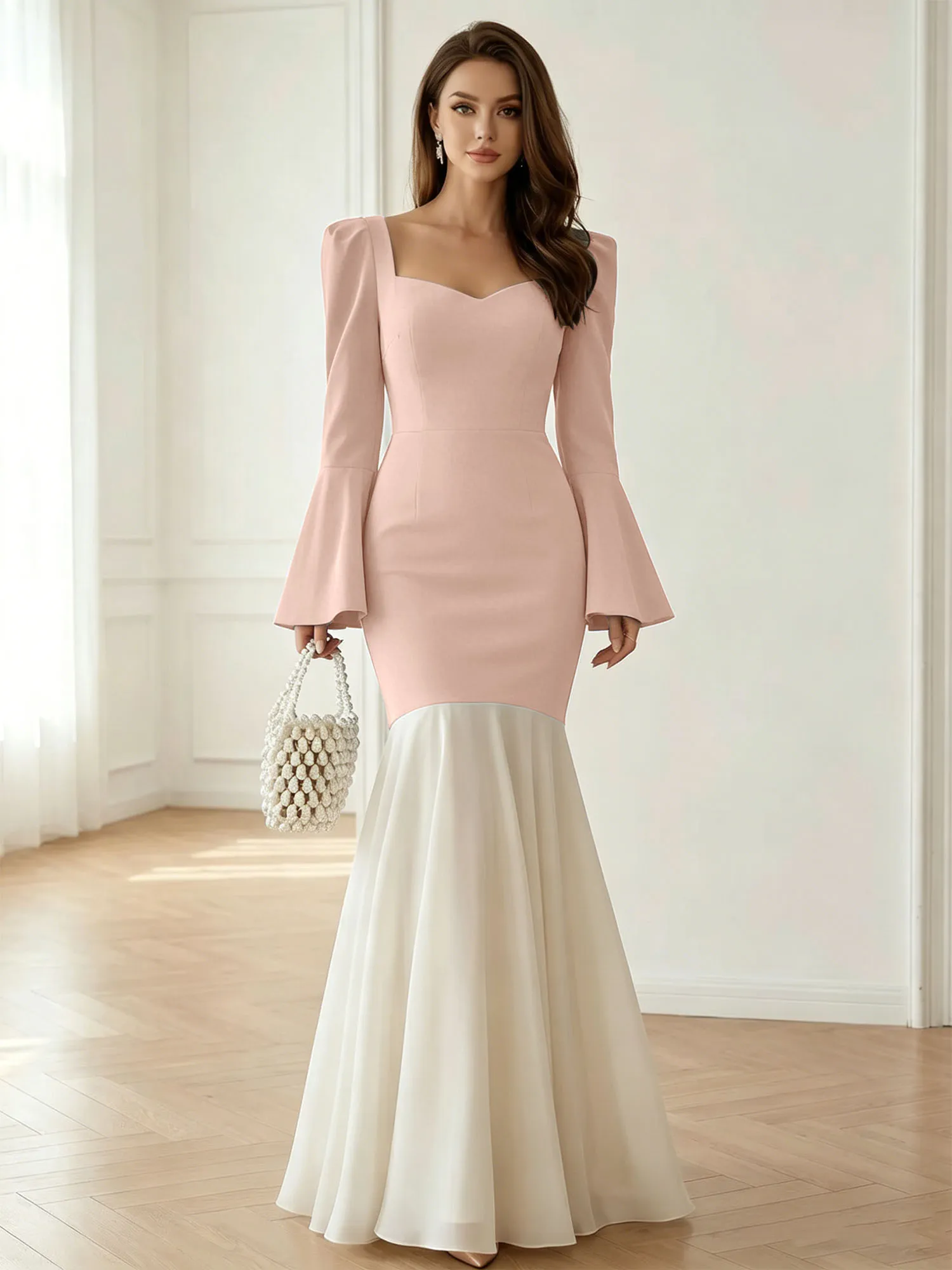 Sweetheart Neck Bell Sleeve Two-Tone Mermaid Evening Gown