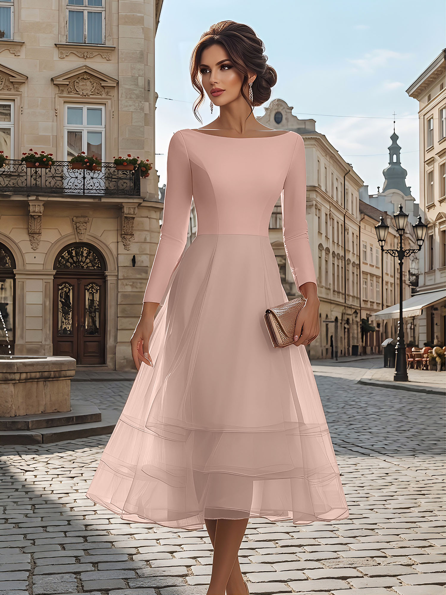 Timeless Evening Foraml Gown Blush Pink Long-Sleeve Layered Organza Midi Dress