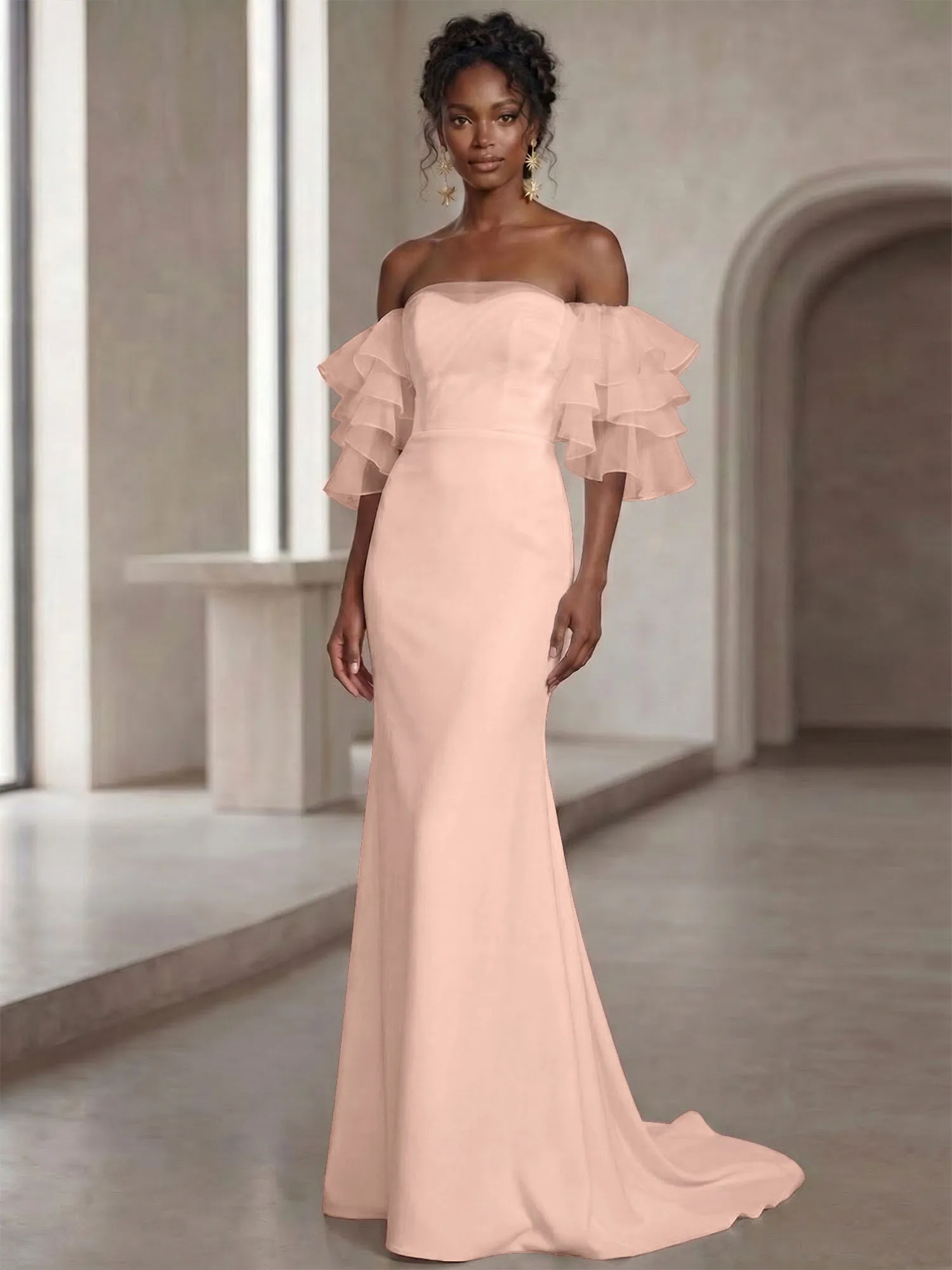 Off-the-Shoulder Tiered Organza Sleeve Mermaid Evening Gown
