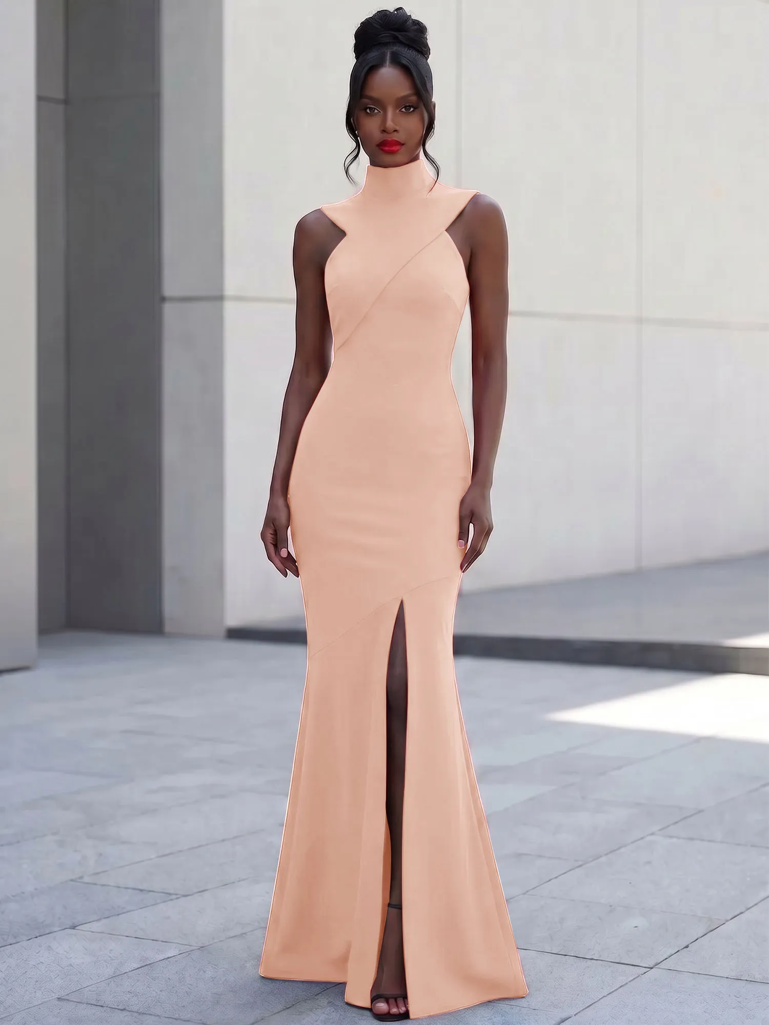 High Neck Asymmetric Cutout Mermaid Evening Gown