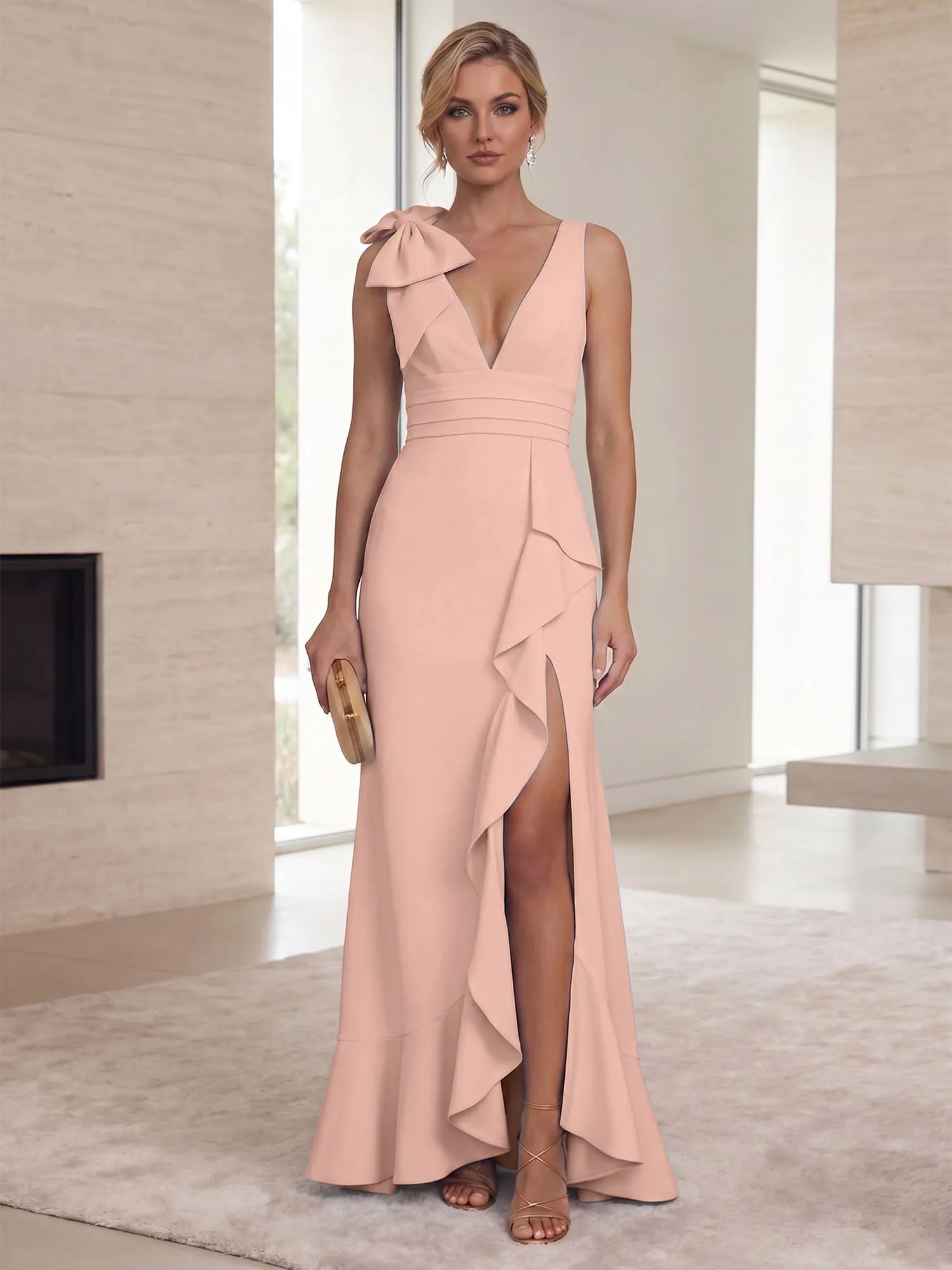 Deep V-Neck Bow-Shoulder Ruffle Slit Mermaid Evening Gown