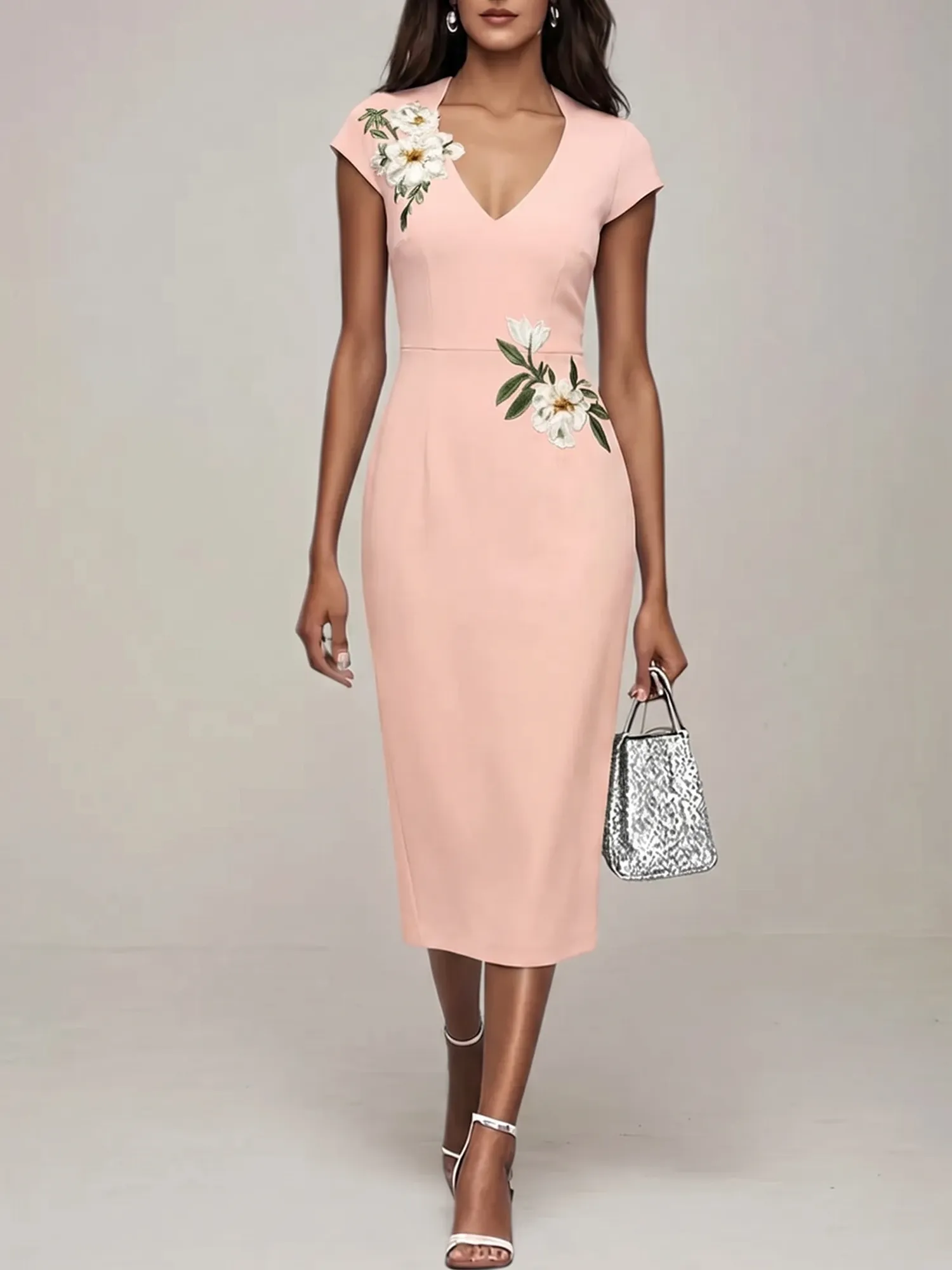 V-Neck Cap Sleeve Floral Embroidered Sheath Evening Dress