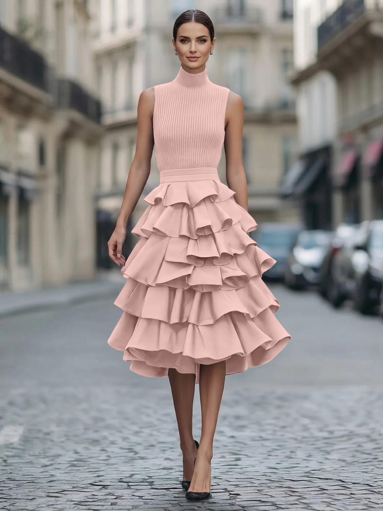 A Line High-Neck Pleated Tiered Evening Dress Maxi Dress