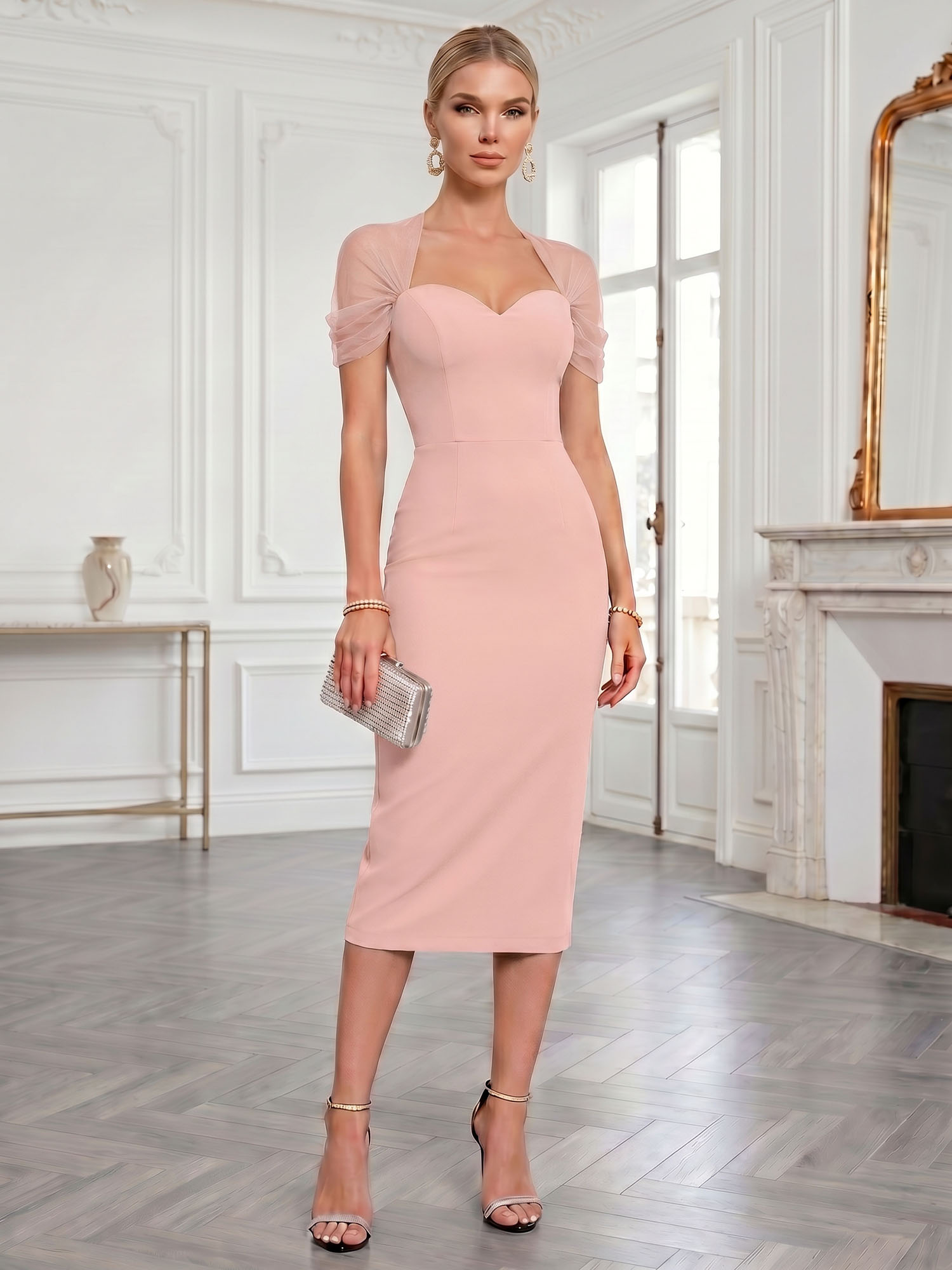 Sophisticated Black Mesh-Draped Sweetheart Midi Evening Gown